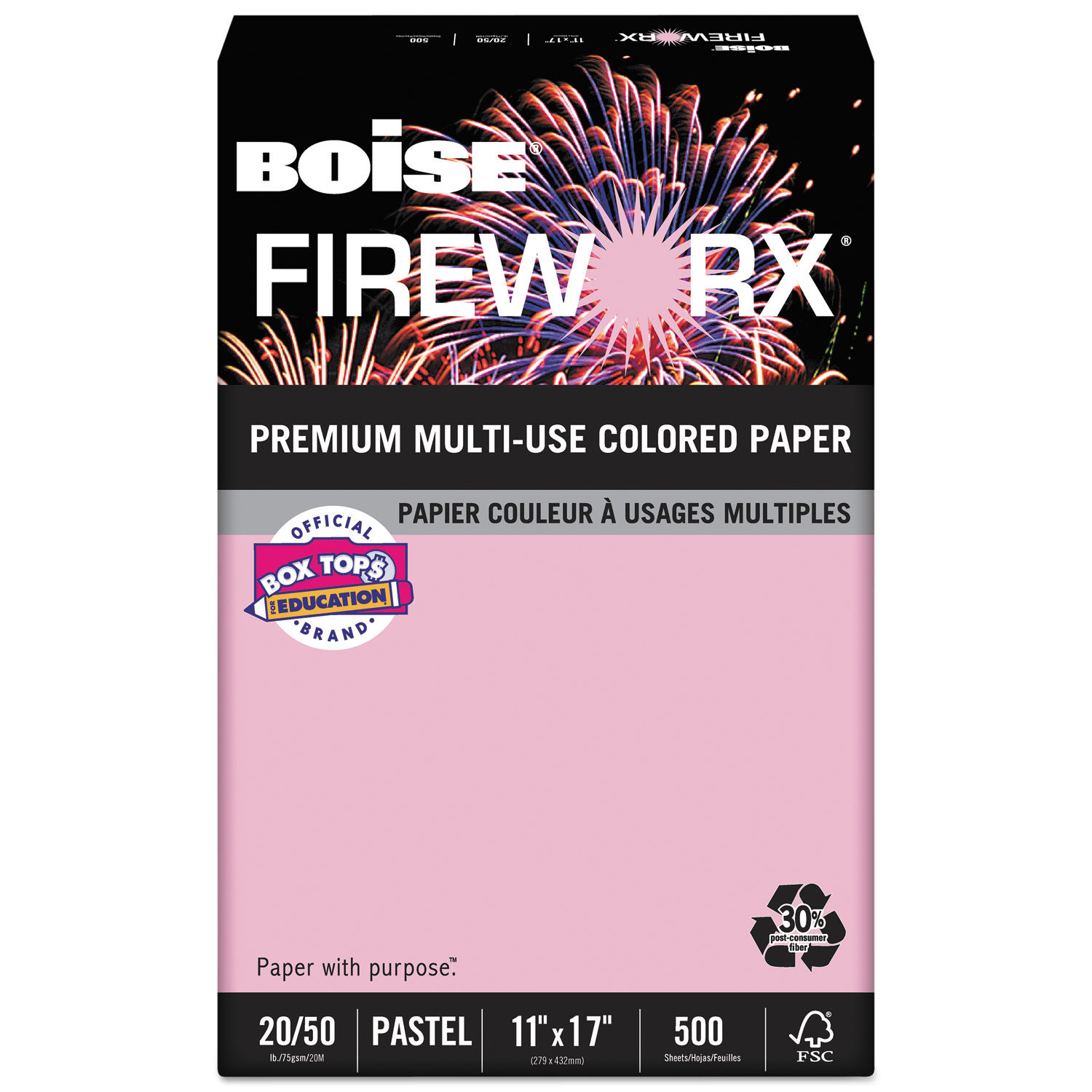  Boise MP2207PK FIREWORX Premium Multi-Use Colored Paper, 20lb, 11 x 17, Powder Pink, 500/Ream (CASMP2207PK) 