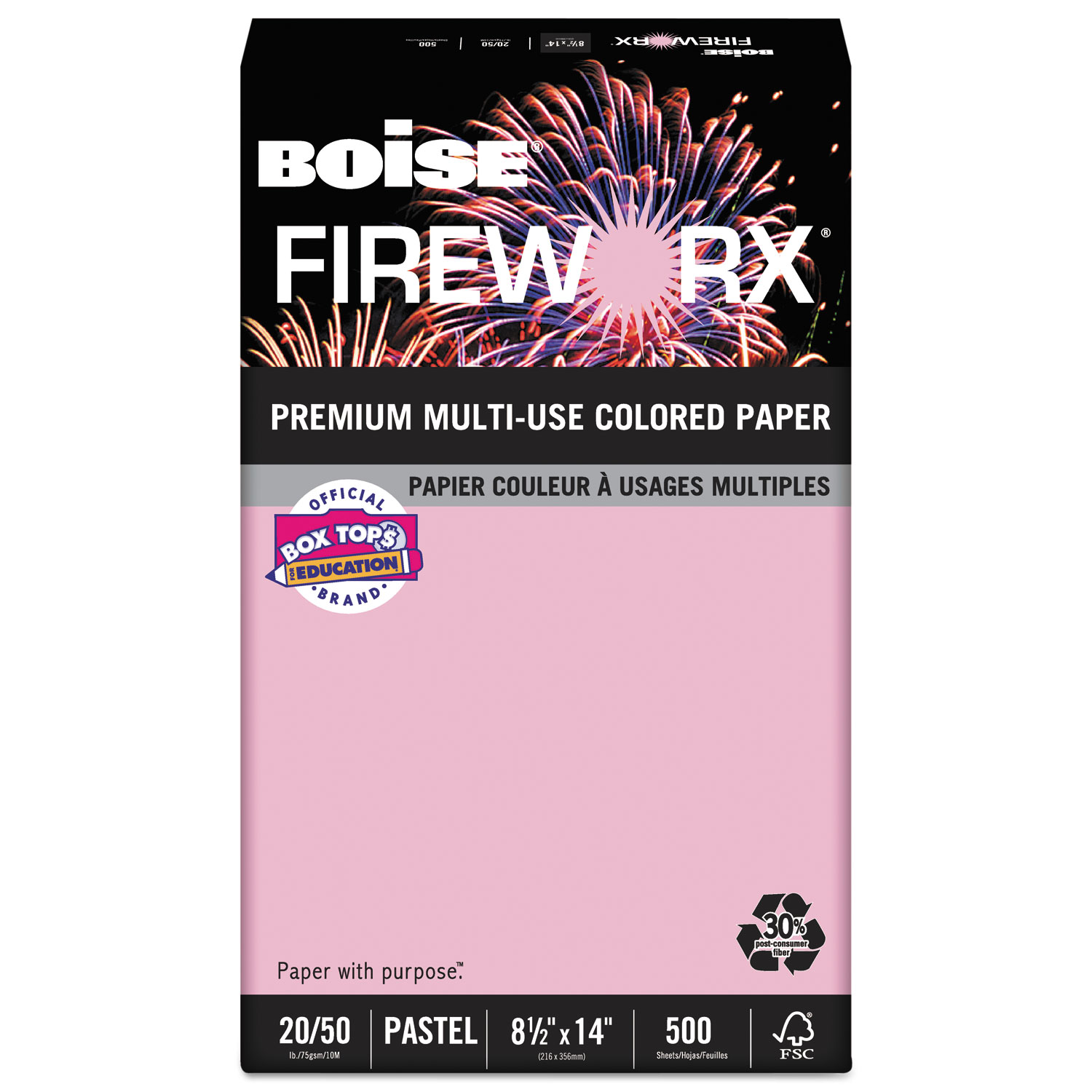  Boise MP2204-PK FIREWORX Premium Multi-Use Colored Paper, 20lb, 8.5 x 14, Powder Pink, 500/Ream (CASMP2204PK) 