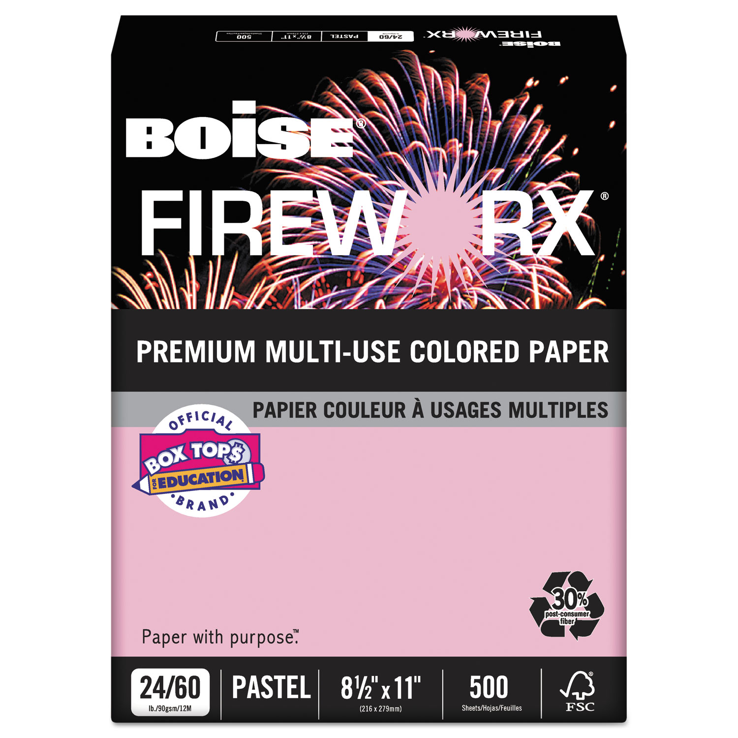  Boise MP2241-PK FIREWORX Premium Multi-Use Colored Paper, 24lb, 8.5 x 11, Powder Pink, 500/Ream (CASMP2241PK) 