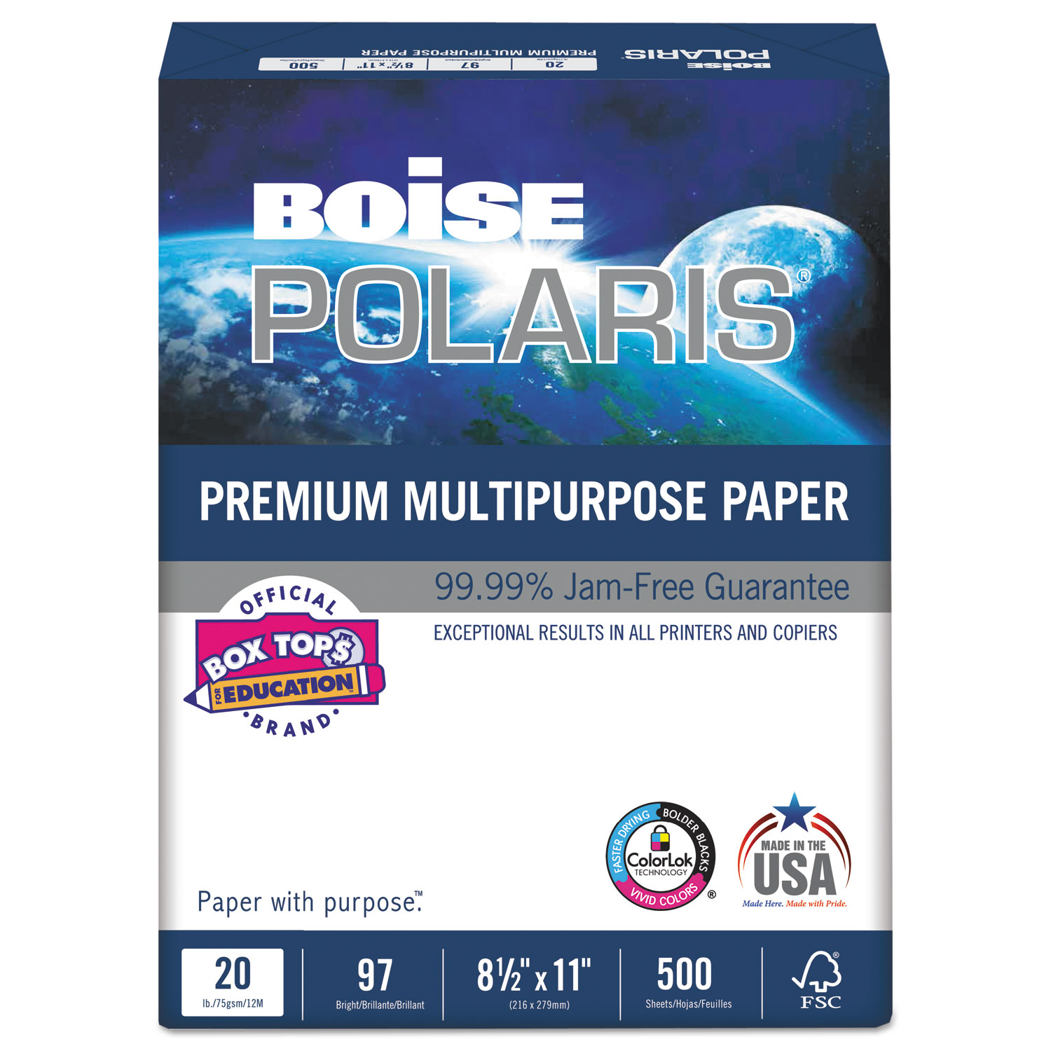 POLARIS Premium Multipurpose Paper, 97 Bright, 20lb, 8.5 x 11, White, 500 Sheets/Ream, 10 Reams/Carton, 40 Cartons/Pallet