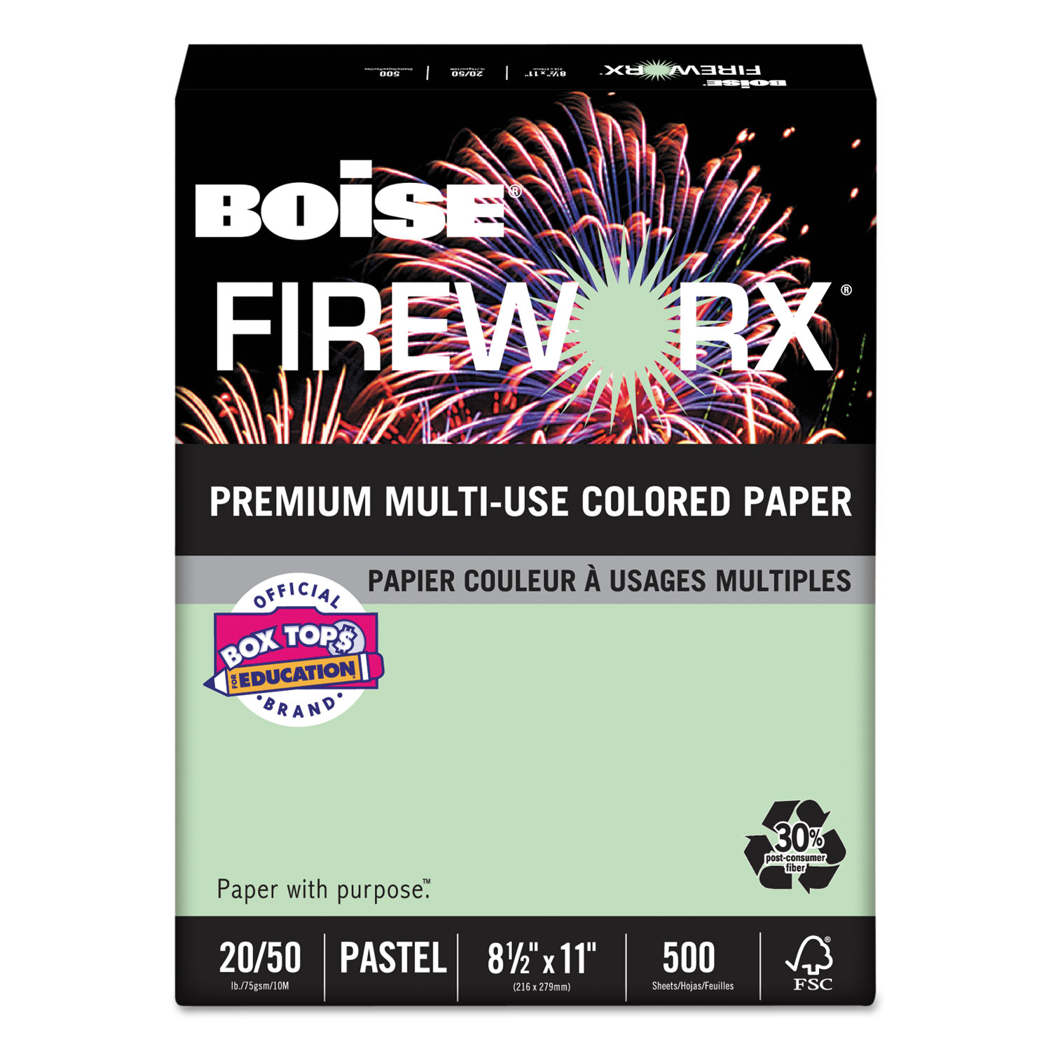  Boise MP2201-GN FIREWORX Premium Multi-Use Paper, 20lb, 8.5 x 11, Popper-mint Green, 500/Ream (CASMP2201GN) 