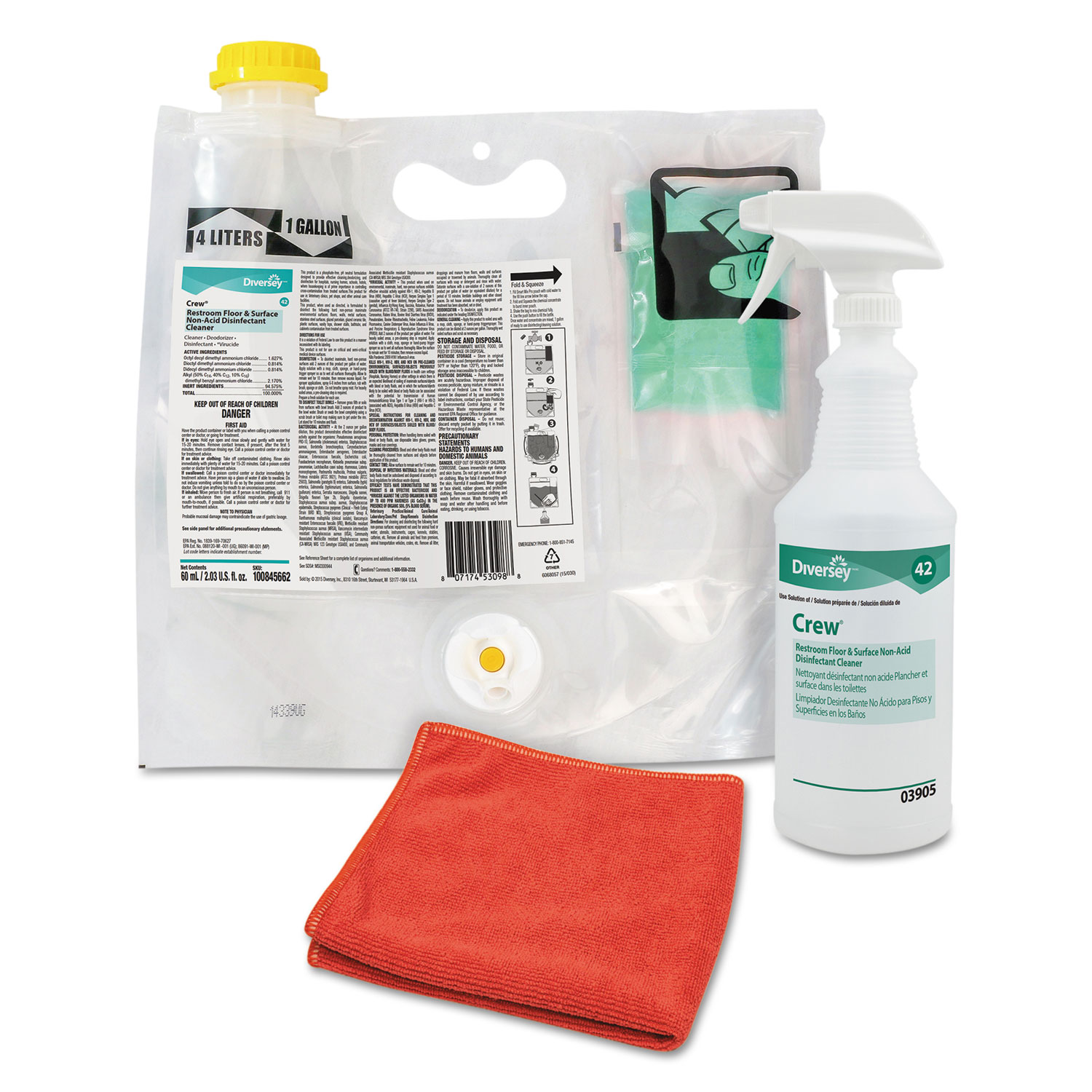 Crew Restroom Non-Acid Disinfectant Cleaner, Fresh, 0.12 L Smart Mix Pack