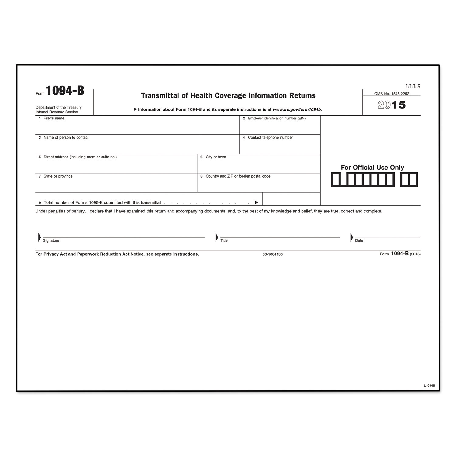 1094-B Transmittal for 1095-B Laser Form, 8 1/2 x 11, 25 Sheets/Pack