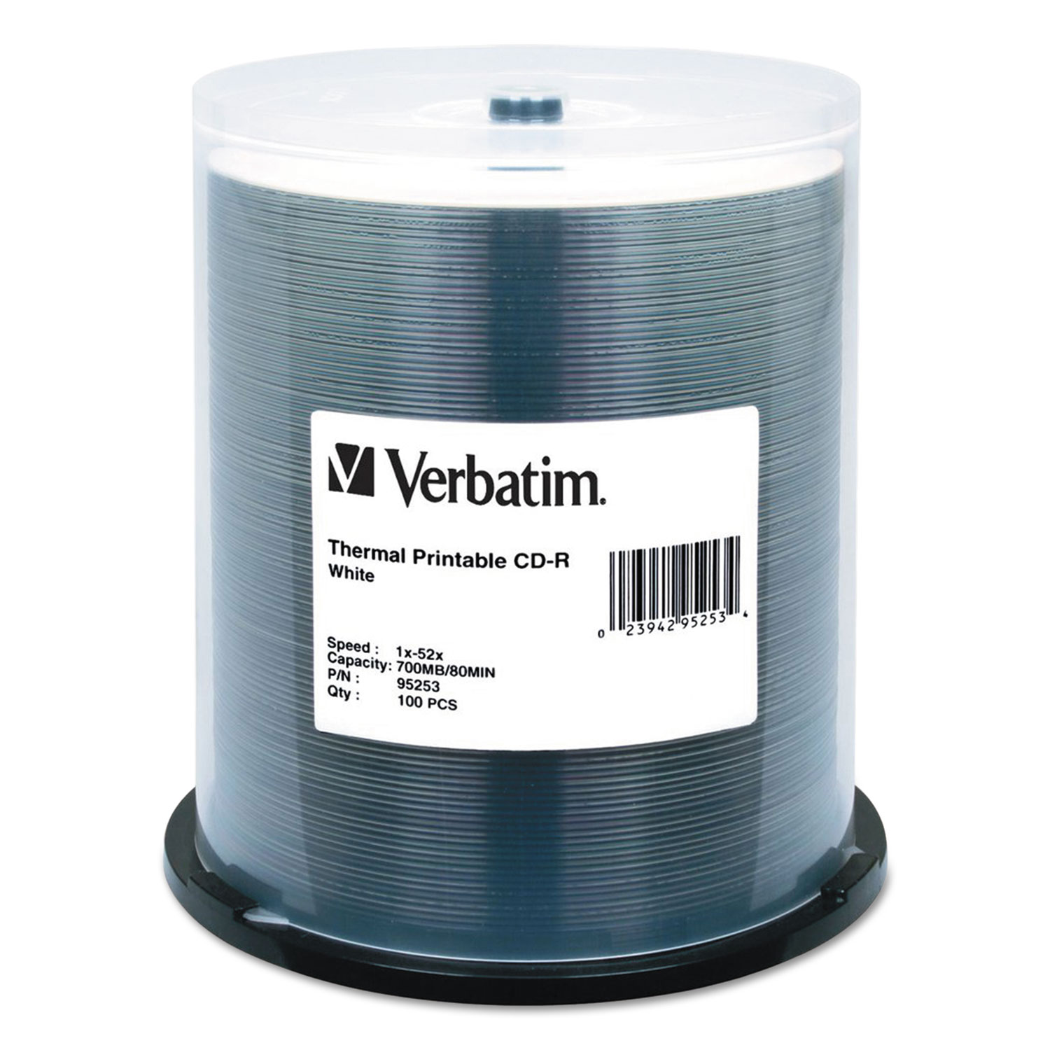  Verbatim 95253 CD-R Discs, Printable, 700MB/80min, 52x, Spindle, White, 100/Pack (VER95253) 