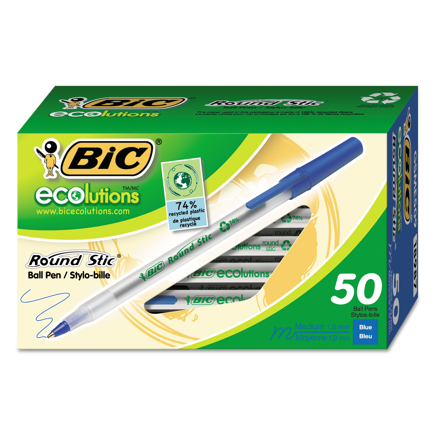  BIC GSME509BE Ecolutions Round Stic Stick Ballpoint Pen, 1mm, Blue Ink, Clear Barrel, 50/Pack (BICGSME509BE) 