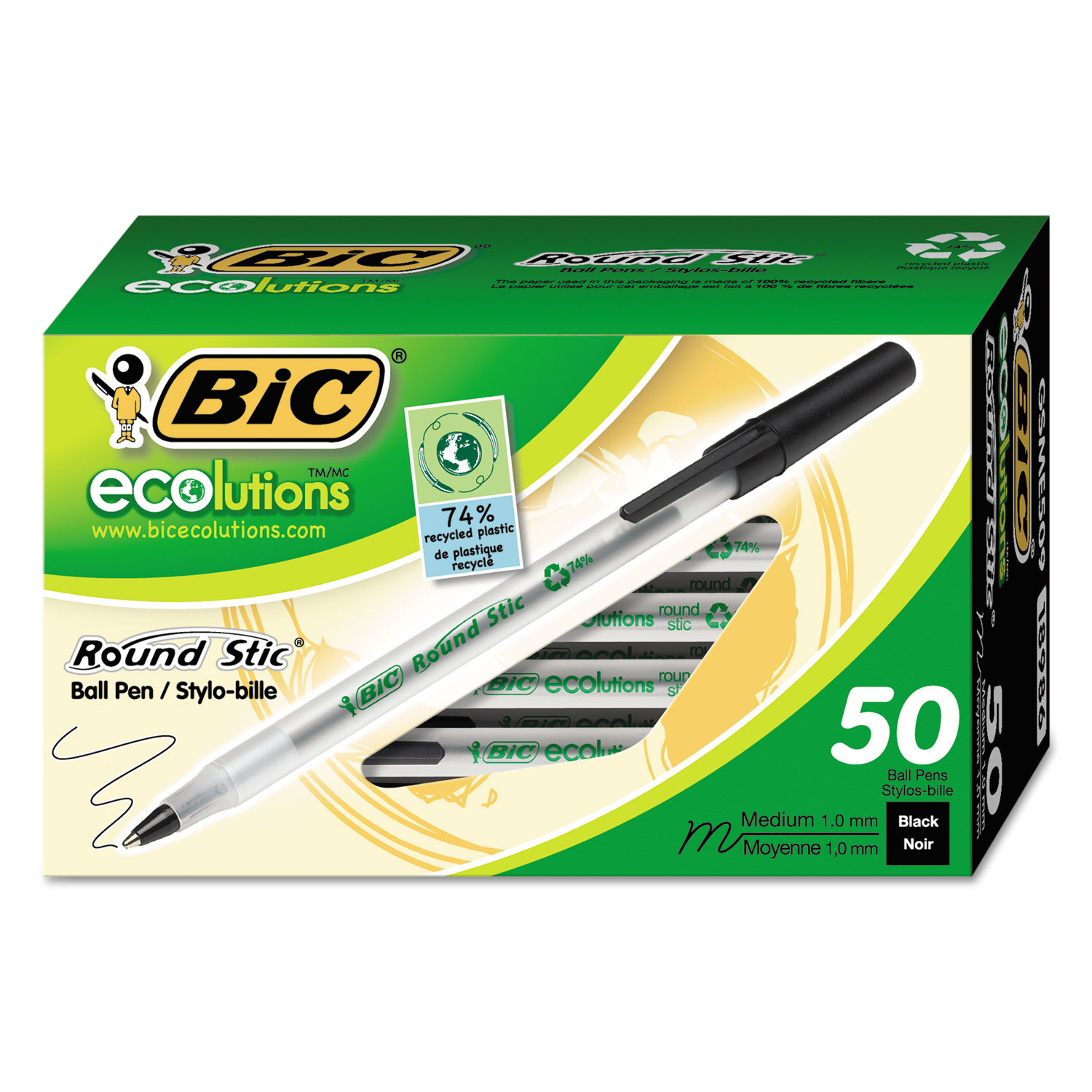  BIC GSME509BK Ecolutions Round Stic Stick Ballpoint Pen, 1mm, Black Ink, Clear Barrel, 50/Pack (BICGSME509BK) 