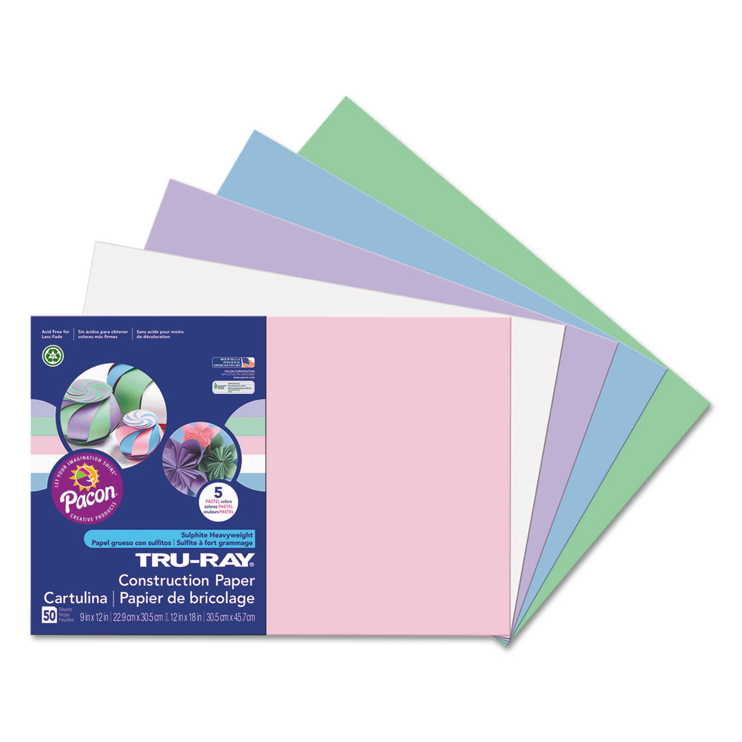 Tru-Ray Construction Paper, 76 lbs., 12 x 18, Assorted Pastel, 50 Sheets/Pack