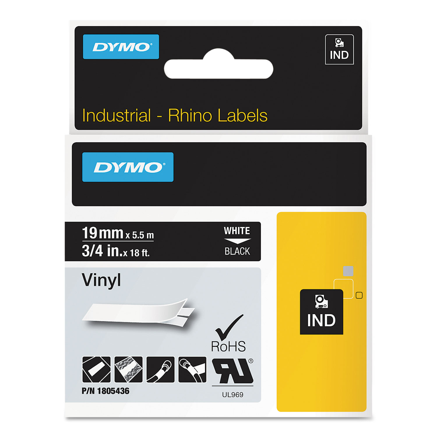  DYMO 1805436 Rhino Permanent Vinyl Industrial Label Tape, 0.75 x 18 ft, Black/White Print (DYM1805436) 