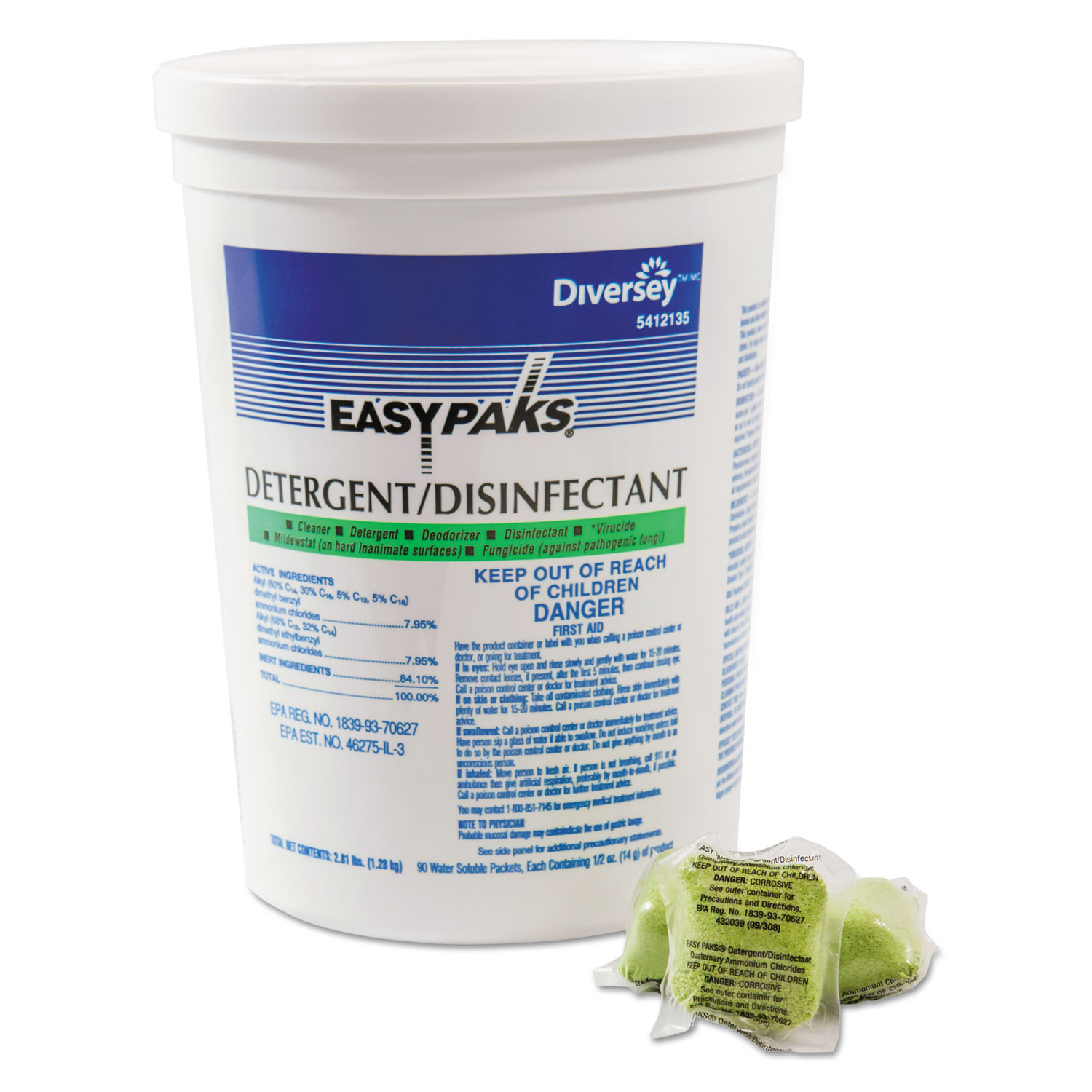  Easy Paks 5412135 Detergent/Disinfectant, Lemon Scent, .5oz, Packet, 90/Tub, 2 Tubs/Carton (DVO5412135) 