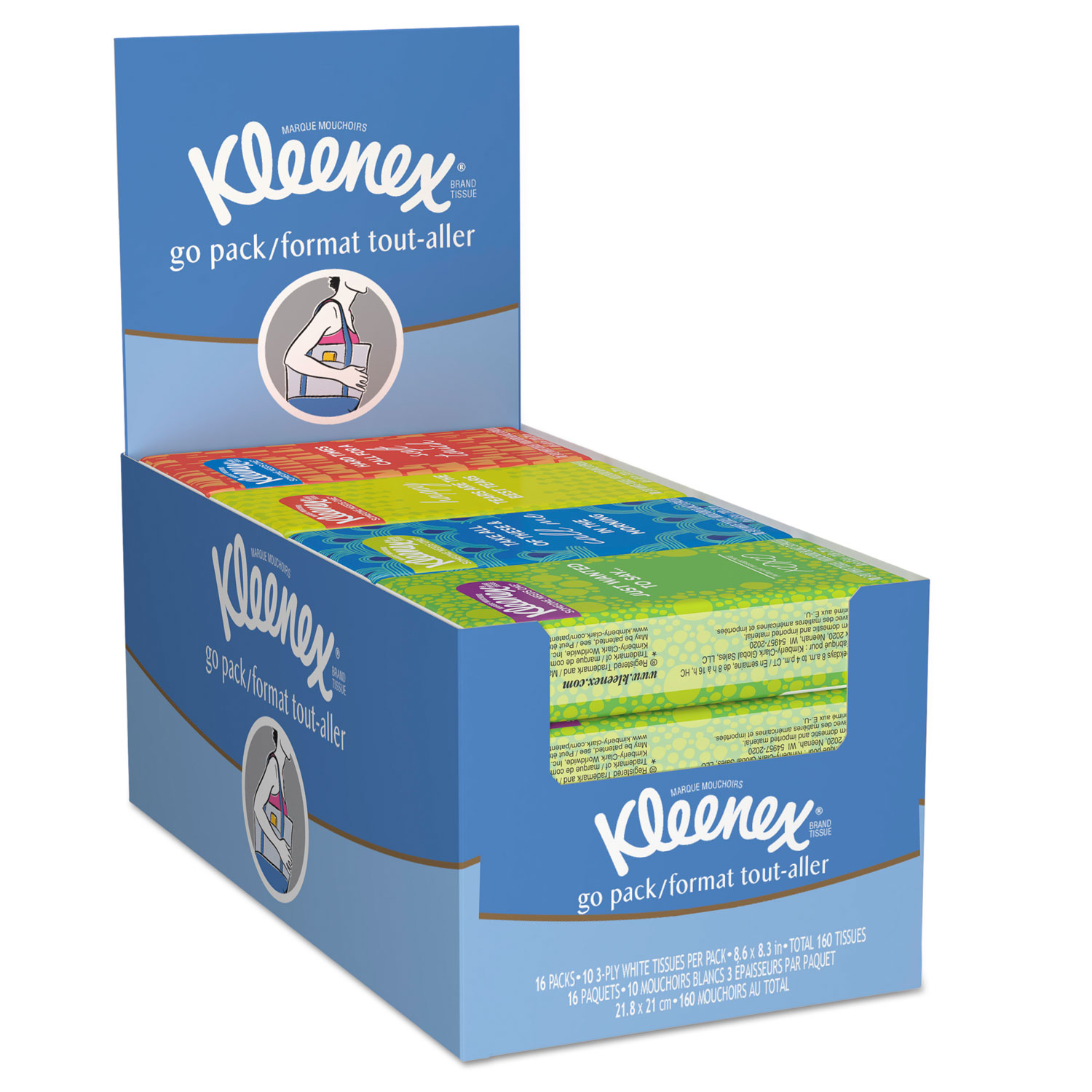  Kleenex KCC 11975 On The Go Packs Facial Tissues, 3-Ply, White, 10 Sheets/Pack, 16 Packs/Box, 12 Boxes/Carton (KCC11975) 