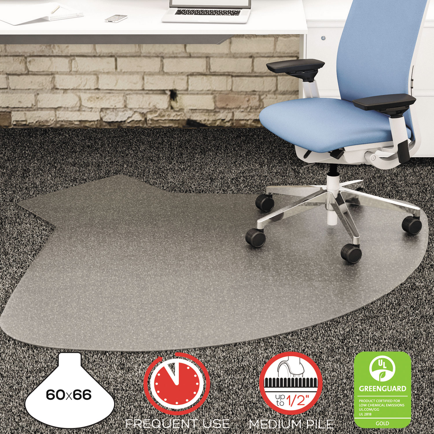 SuperMat Frequent Use Chair Mat, Medium Pile Carpet, Straight,60x66 w/Lip, Clear