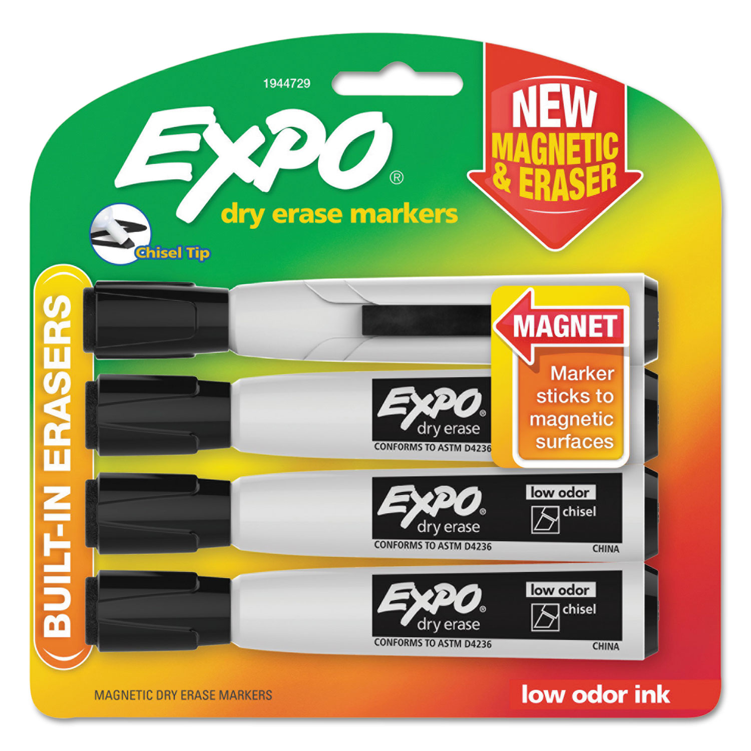  EXPO 1944729 Magnetic Dry Erase Marker, Broad Chisel Tip, Black, 4/Pack (SAN1944729) 