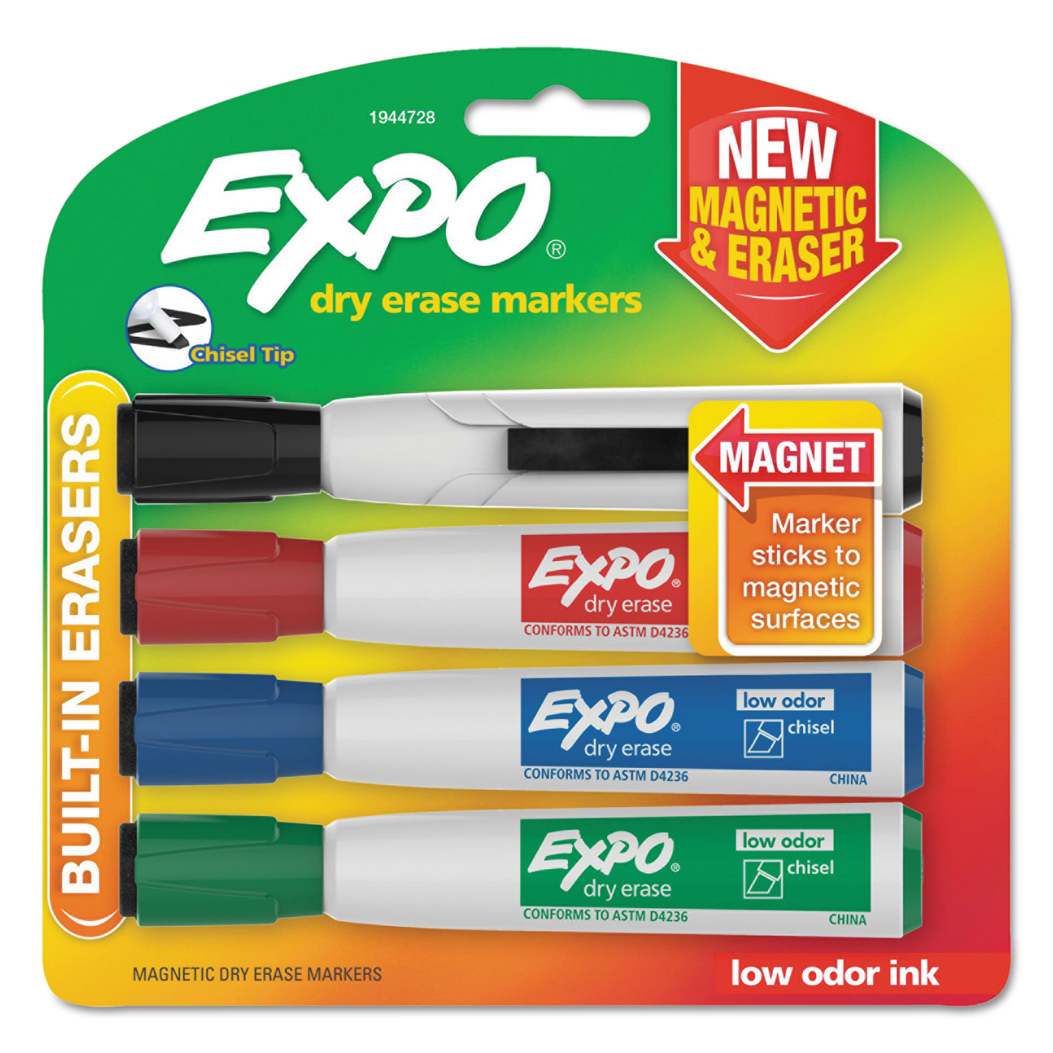  EXPO 1944728 Magnetic Dry Erase Marker, Broad Chisel Tip, Assorted Colors, 4/Pack (SAN1944728) 