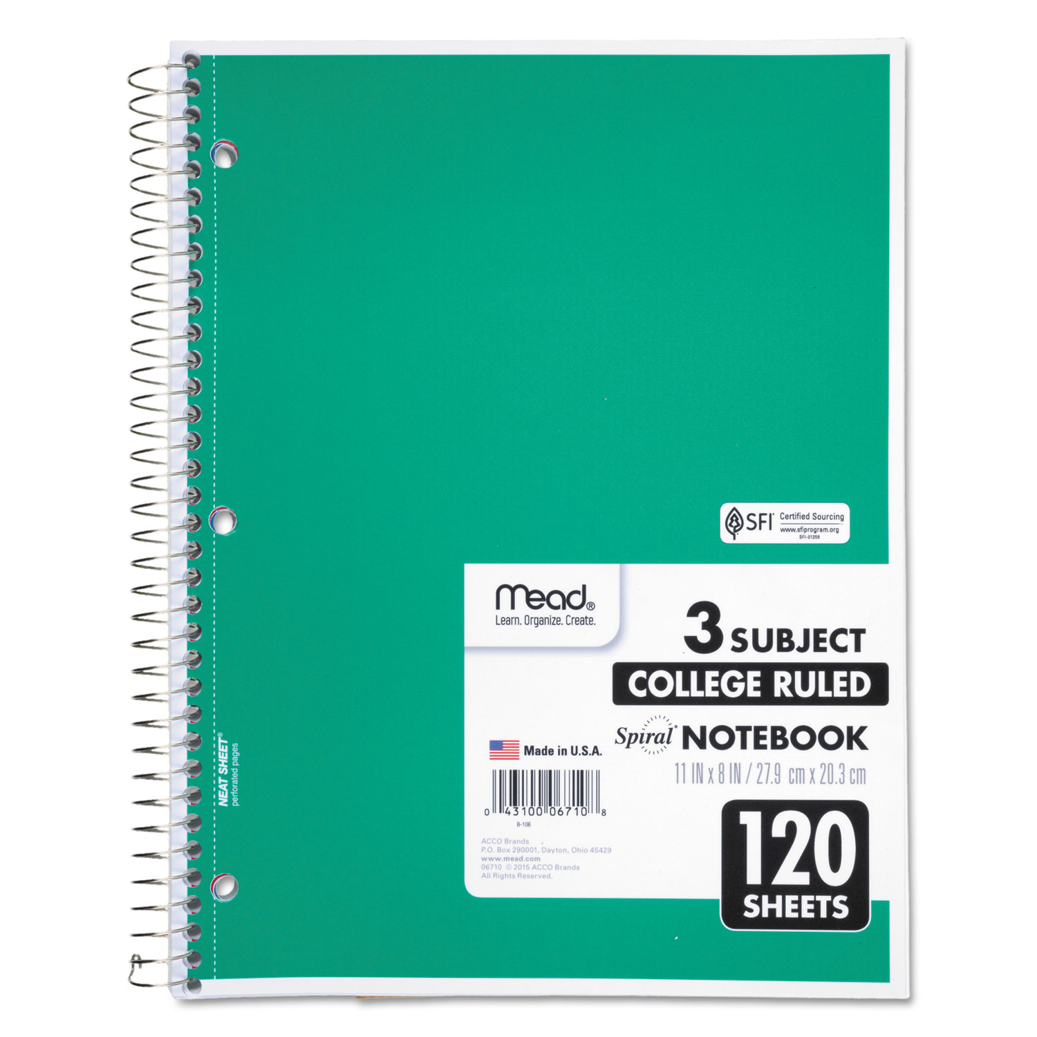 Spiral Bound Notebook, Perforated, College Rule, 11 x 8, White, 120 Sheets