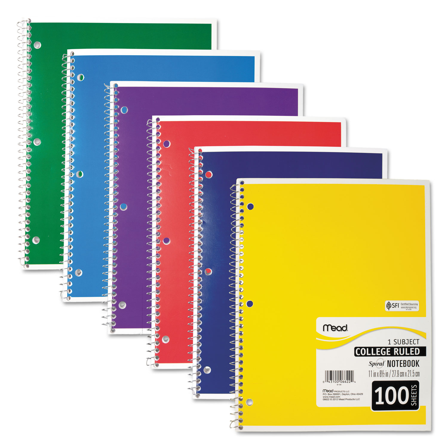  Mead 06622 Spiral Notebook, 1 Subject, Medium/College Rule, Assorted Color Covers, 11 x 8, 100 Sheets (MEA06622) 