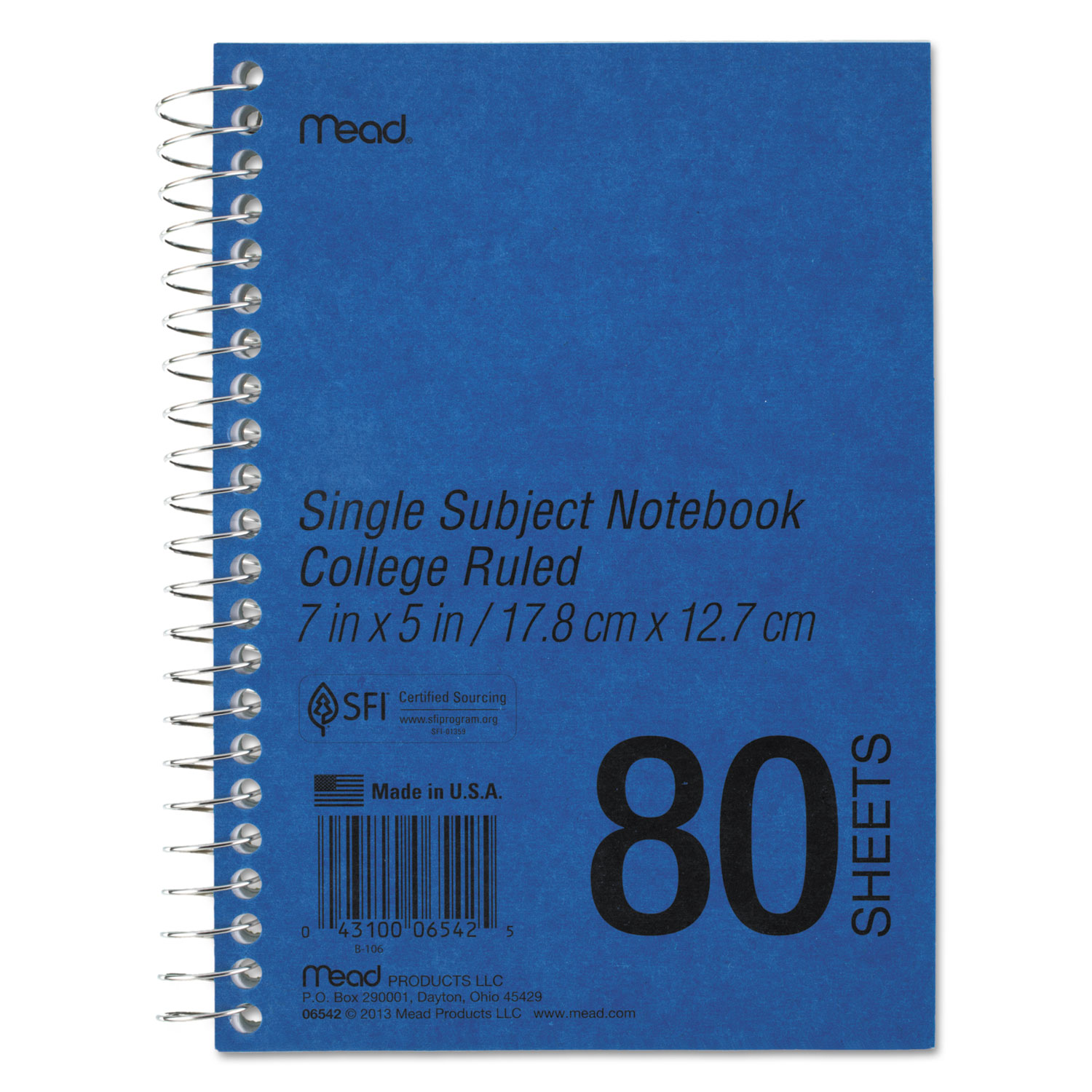  Mead 06542 DuraPress Cover Notebook, 1 Subject, Medium/College Rule, Blue Cover, 7 x 5, 80 Sheets (MEA06542) 