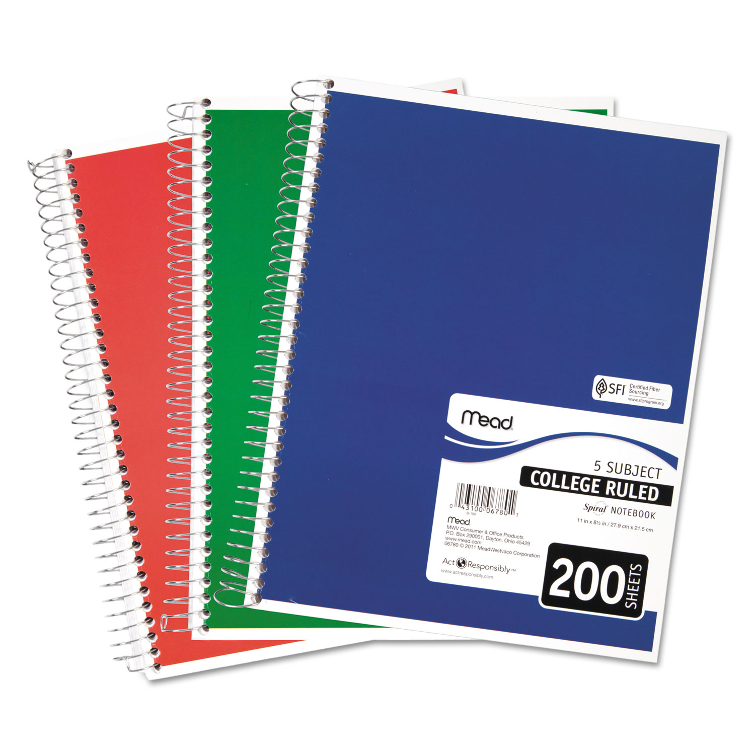  Mead 06780 Spiral Notebook, 5 Subjects, Medium/College Rule, Assorted Color Covers, 11 x 8, 200 Sheets (MEA06780) 