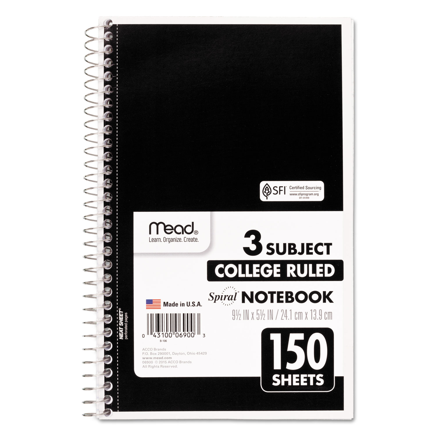 Spiral Bound Notebook, Perforated, College Rule, 9.5 x 5.5, White, 150 Sheets