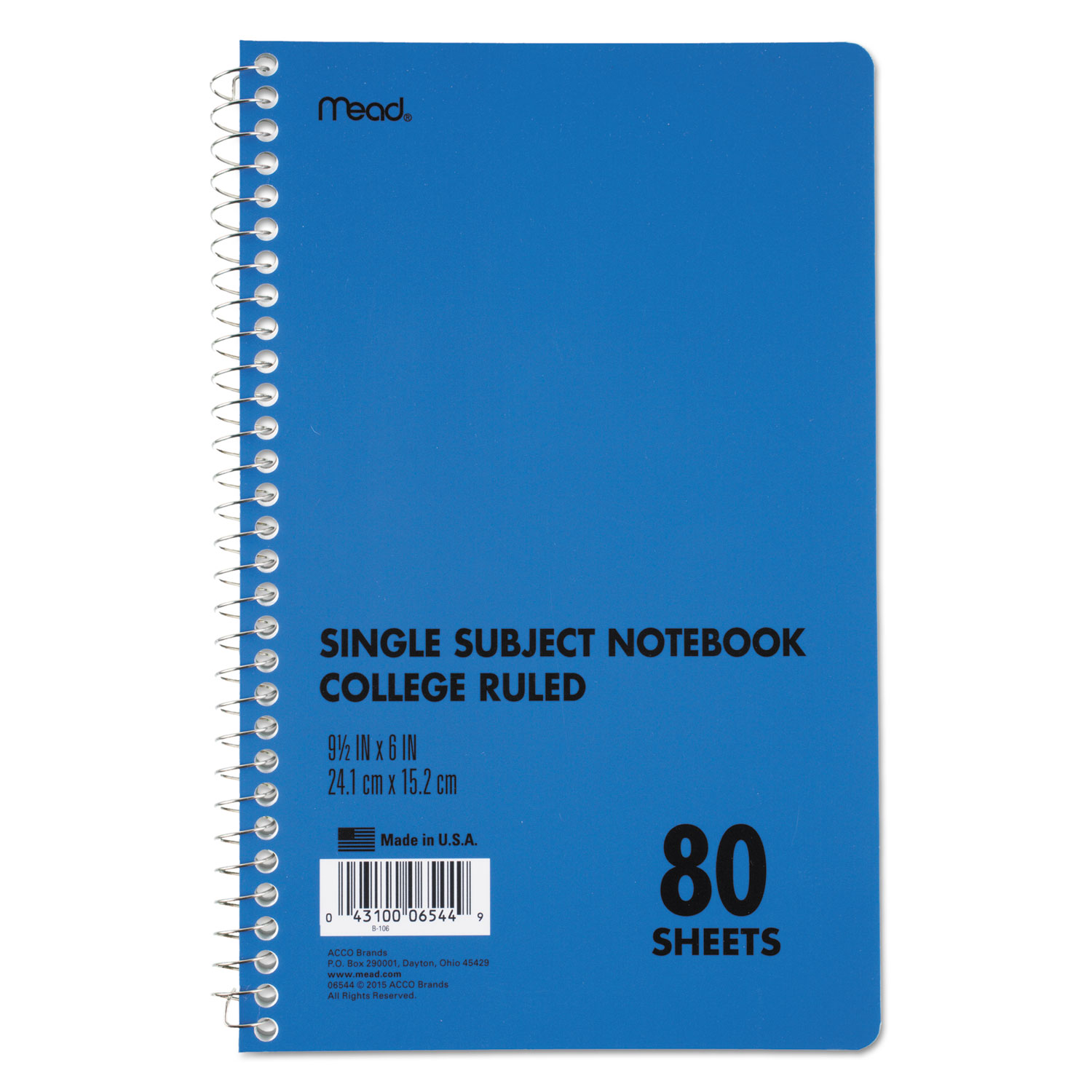  Mead 06544 DuraPress Cover Notebook, 1 Subject, Medium/College Rule, Blue Cover, 9 x 6, 80 Sheets (MEA06544) 