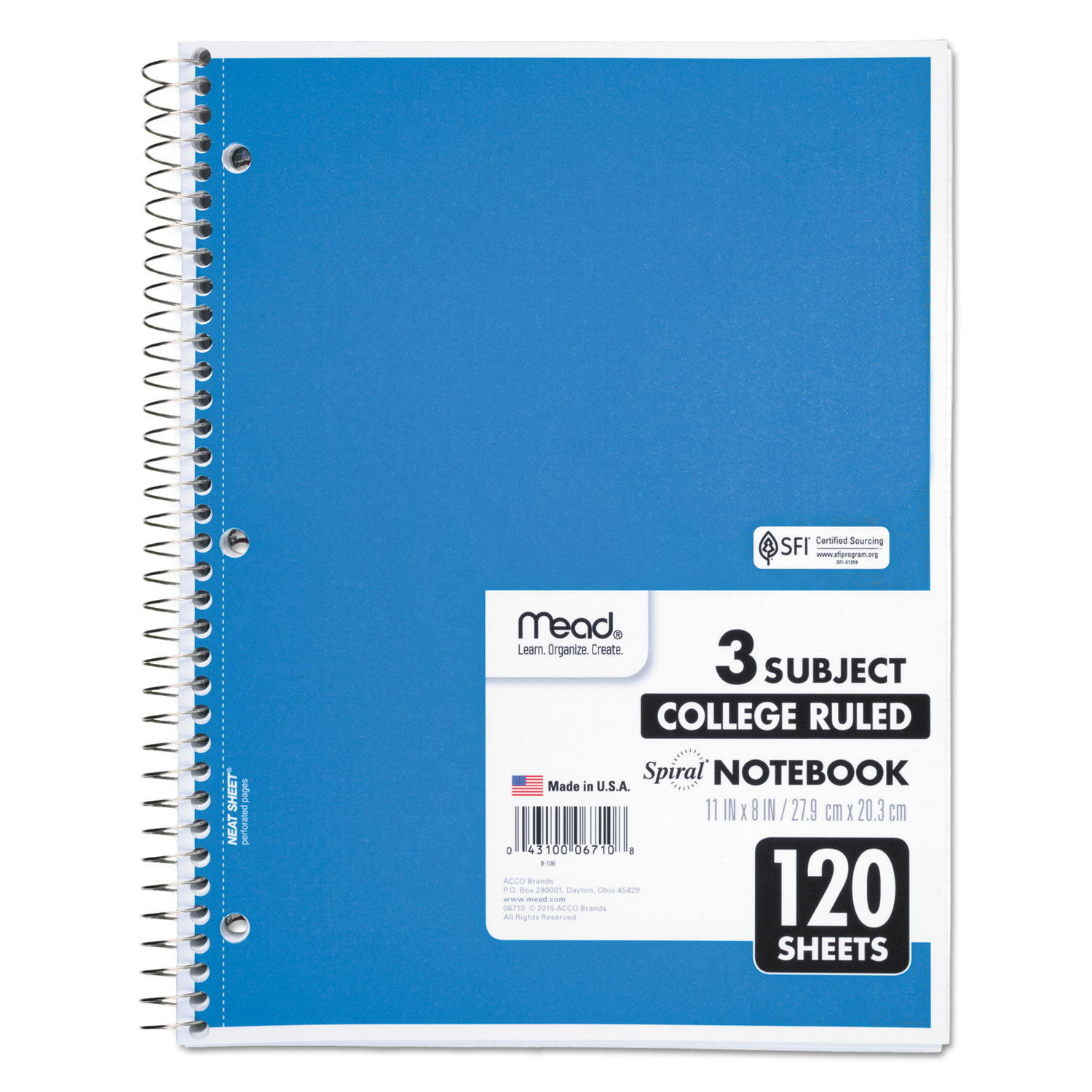 Mead 06710 Spiral Notebook, 3 Subjects, Medium/College Rule, Assorted Color Covers, 11 x 8, 120 Sheets (MEA06710) 