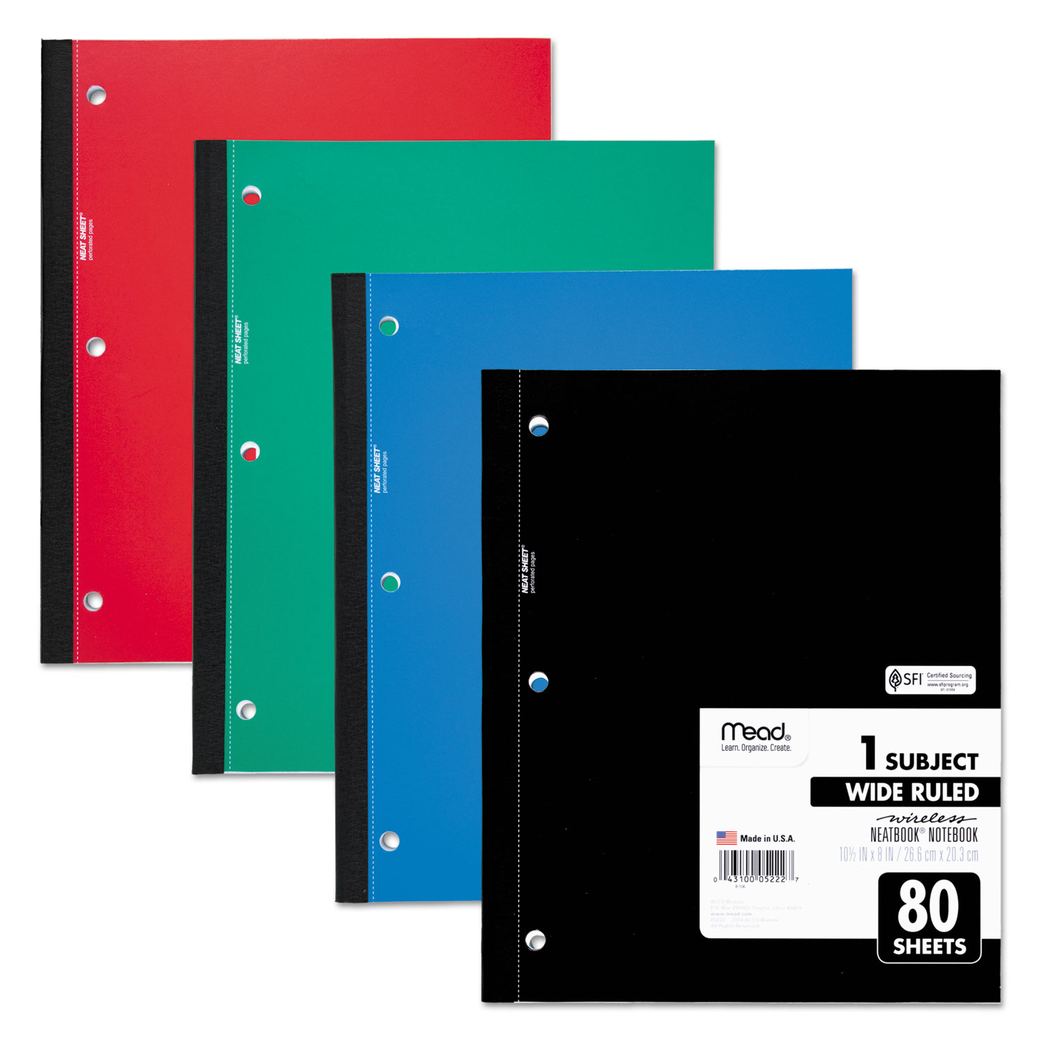  Mead 05222 Wireless Neatbook Notebook, 1 Subject, Wide/Legal Rule, Assorted Color Covers, 10.5 x 8, 80 Sheets (MEA05222) 