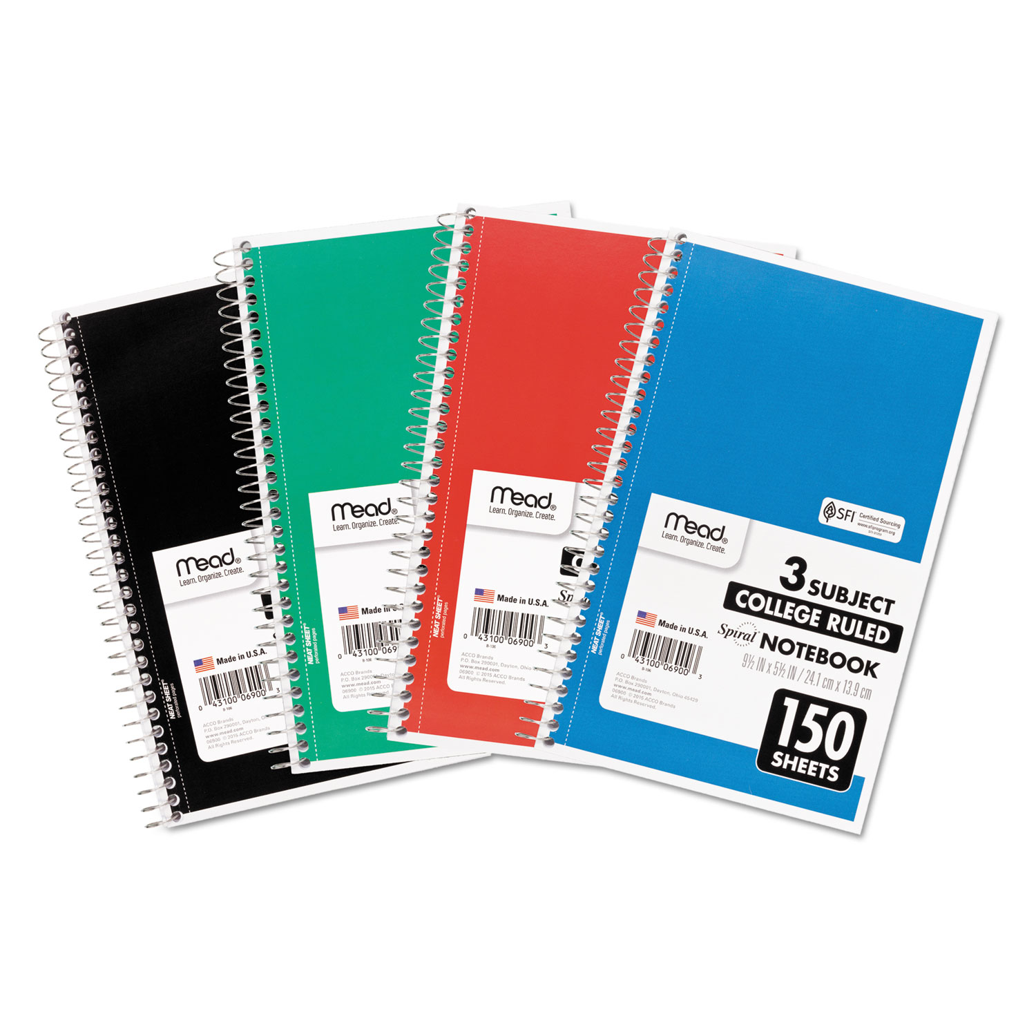  Mead 06900 Spiral Notebook, 3 Subjects, Medium/College Rule, Assorted Color Covers, 9.5 x 5.5, 150 Sheets (MEA06900) 