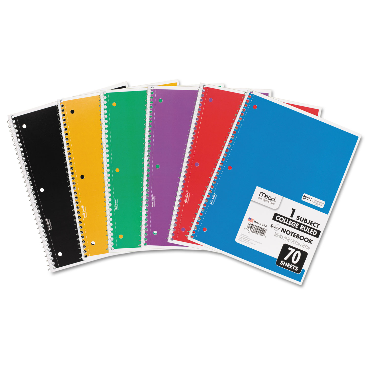  Mead 05512 Spiral Notebook, 1 Subject, Medium/College Rule, Assorted Color Covers, 10.5 x 7.5, 70 Sheets (MEA05512) 
