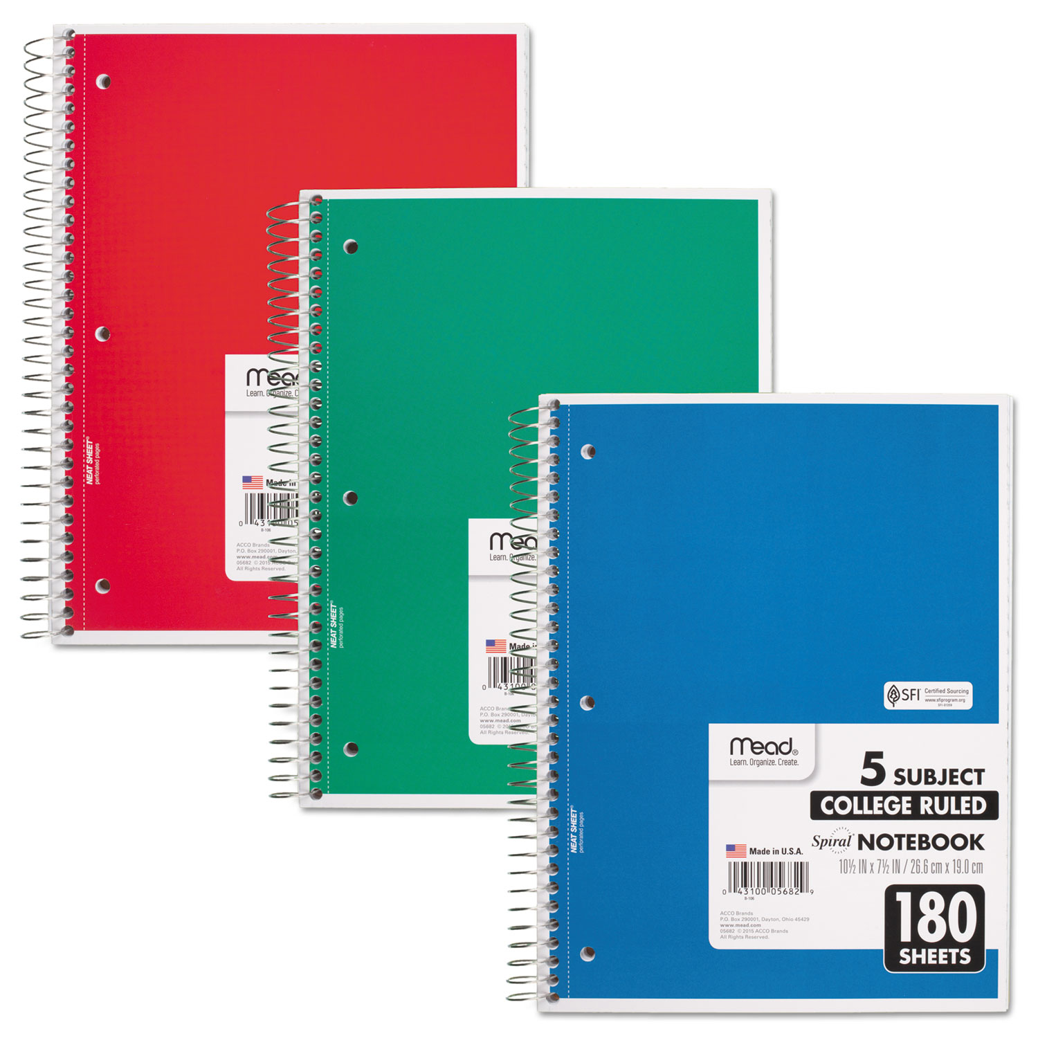  Mead 05682 Spiral Notebook, 5 Subjects, Medium/College Rule, Assorted Color Covers, 10.5 x 8, 180 Sheets (MEA05682) 