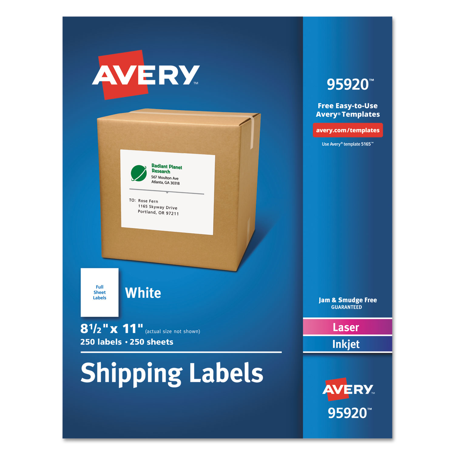 Avery 95920 White Shipping Labels-Bulk Packs, Inkjet/Laser Printers, 8.5 x 11, White, 250/Box (AVE95920) 