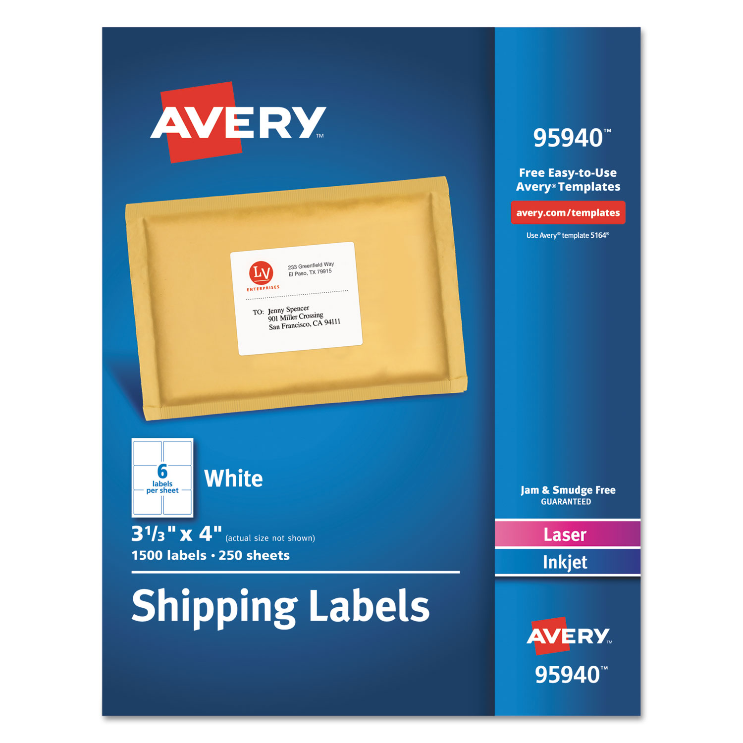  Avery 95940 White Shipping Labels-Bulk Packs, Inkjet/Laser Printers, 3.33 x 4, White, 6/Sheet, 250 Sheets/Box (AVE95940) 