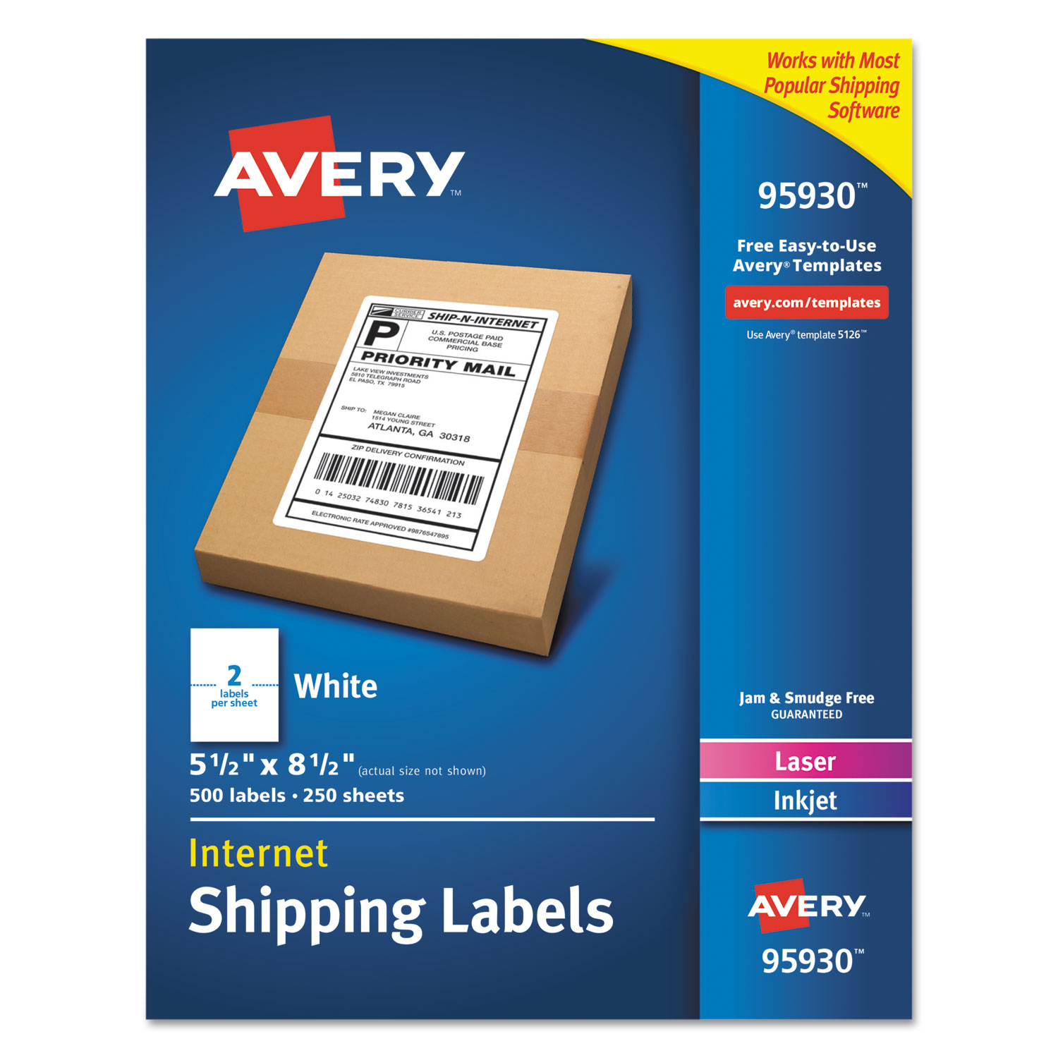  Avery 95930 White Shipping Labels-Bulk Packs, Inkjet/Laser Printers, 5.5 x 8.5, White, 2/Sheet, 250 Sheets/Box (AVE95930) 