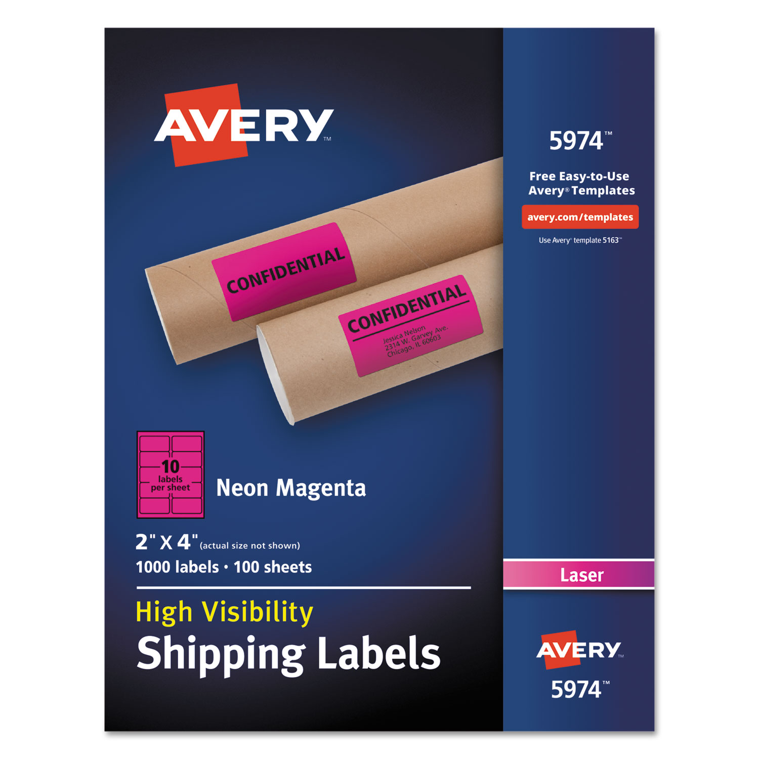  Avery 05974 High-Visibility Permanent Laser ID Labels, 2 x 4, Neon Magenta, 1000/Box (AVE5974) 