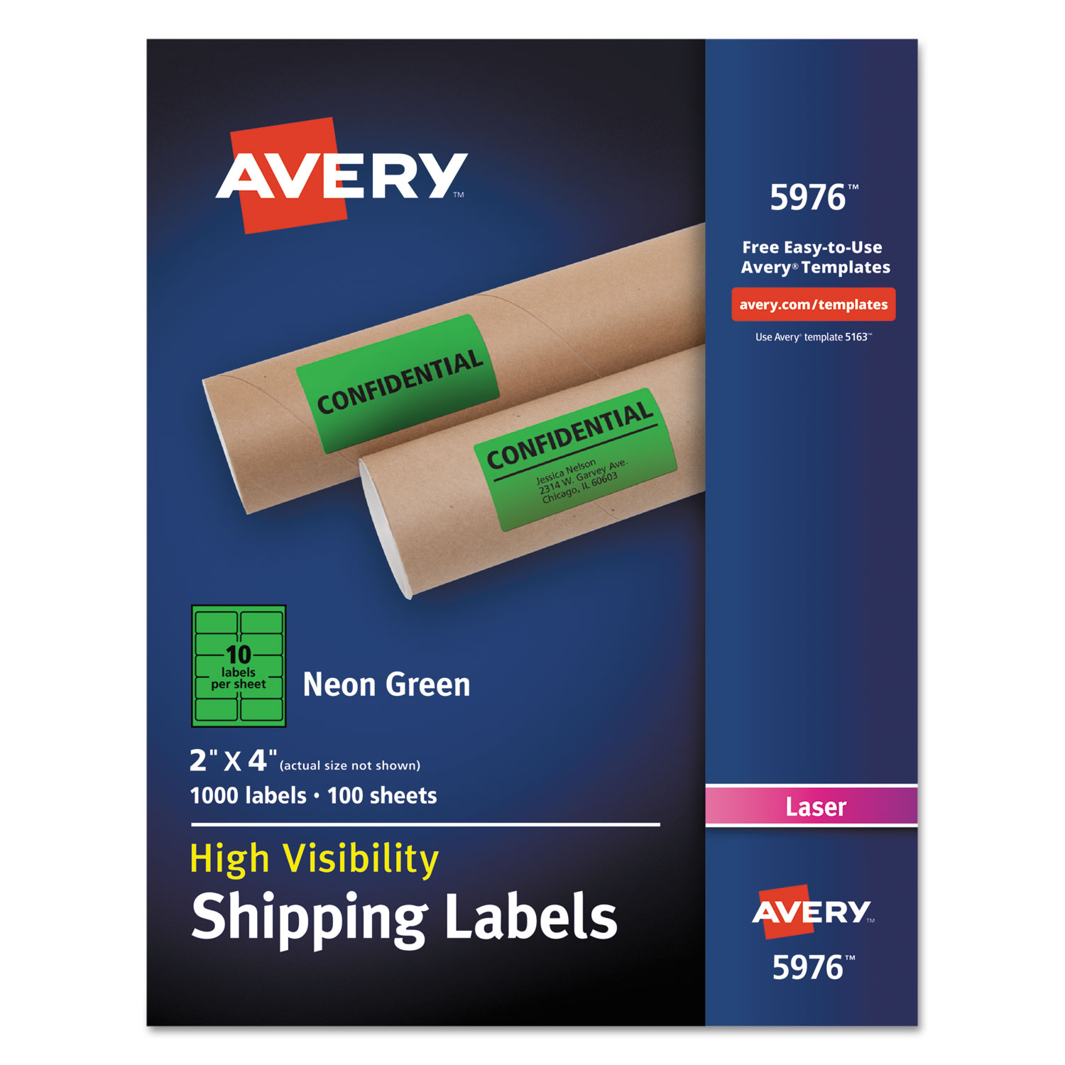  Avery 05976 High-Visibility Permanent Laser ID Labels, 2 x 4, Neon Green, 1000/Box (AVE5976) 
