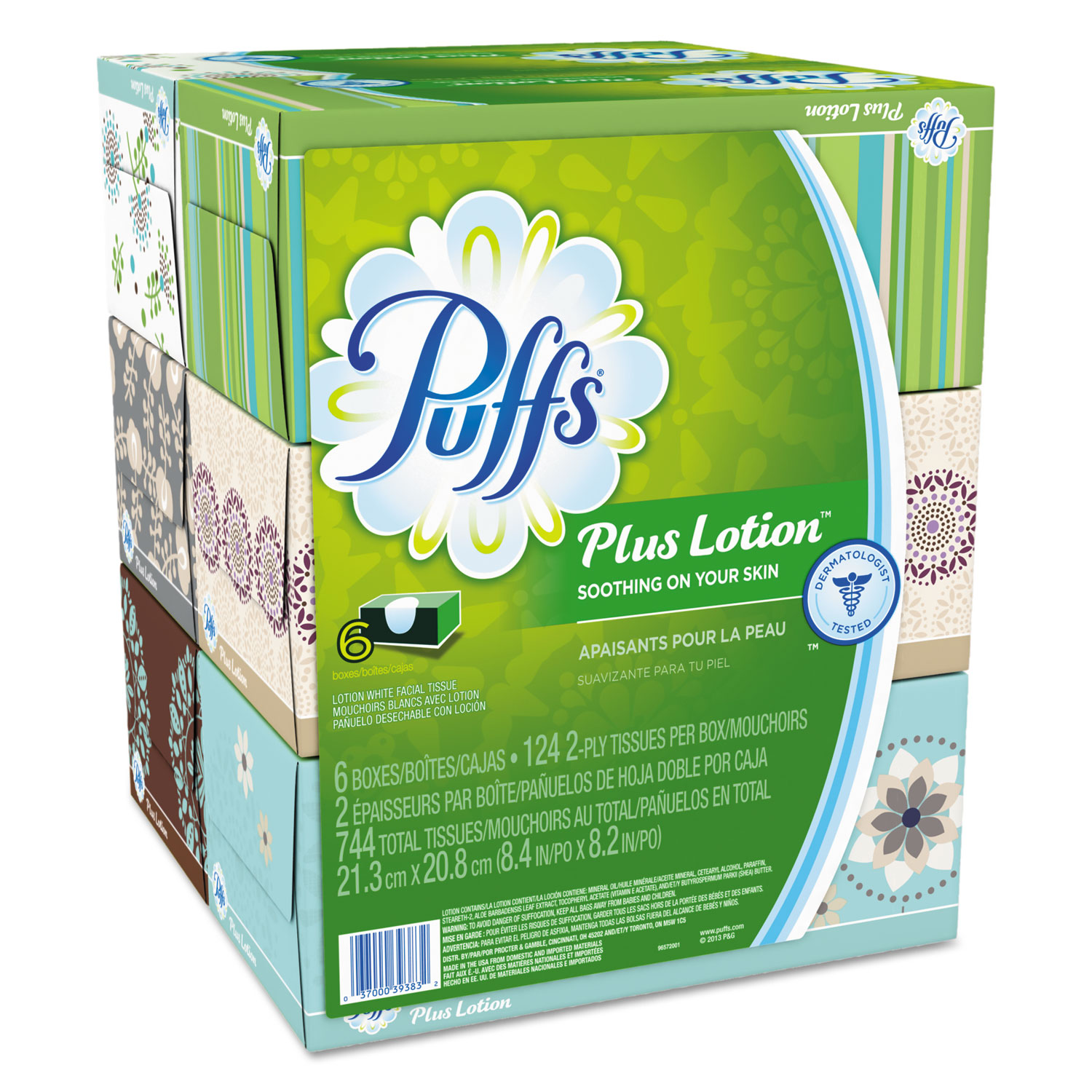  Puffs 39383 Plus Lotion Facial Tissue, 2-Ply, White, 124 Sheets/Box, 6 Boxes/Pack, 4 Packs/Carton (PGC39383) 