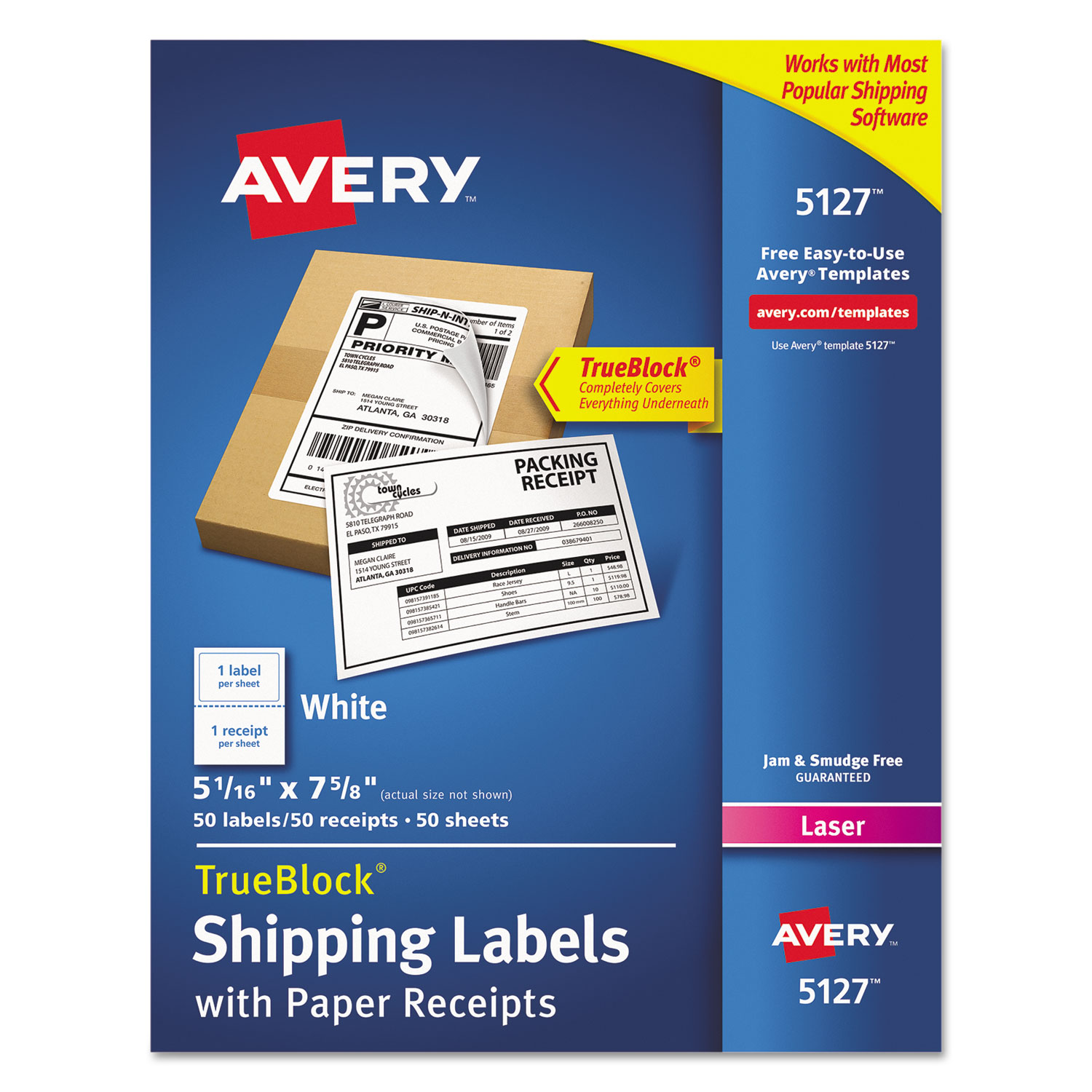  Avery 05127 Shipping Labels with Paper Receipt and TrueBlock Technology, Inkjet/Laser Printers, 5.06 x 7.63, White, 50/Pack (AVE5127) 