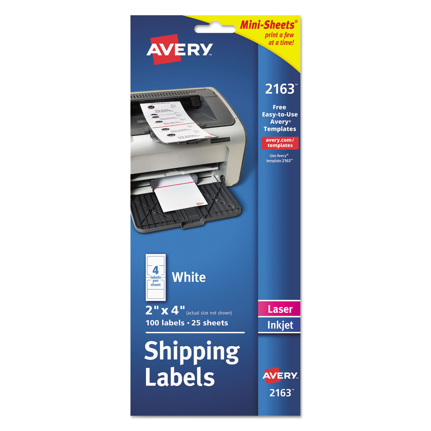 Avery® Mini-Sheets Mailing Labels, Inkjet/Laser Printers, 2 x 4, White, 4/Sheet, 25 Sheets/Pack