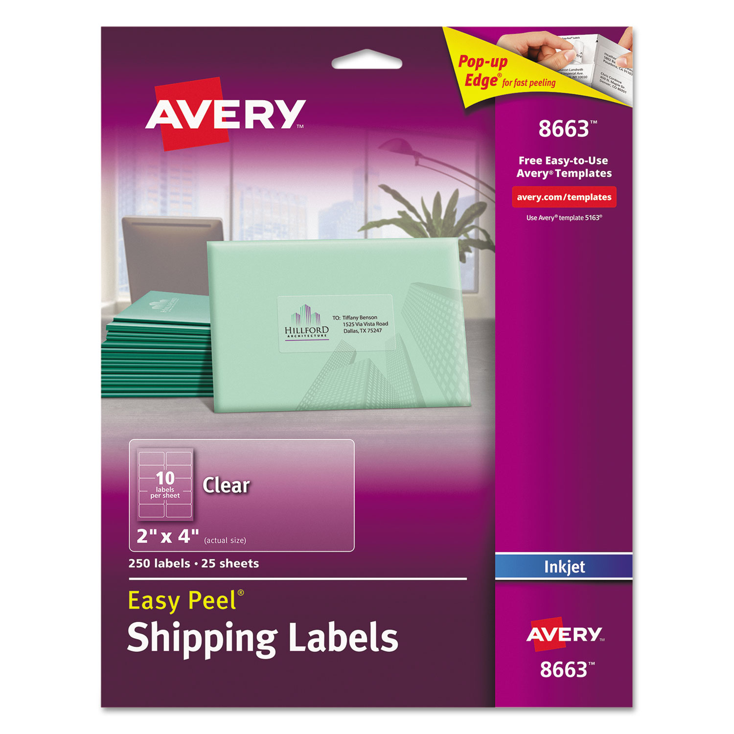  Avery 08663 Matte Clear Easy Peel Mailing Labels w/ Sure Feed Technology, Inkjet Printers, 2 x 4, Clear, 10/Sheet, 25 Sheets/Pack (AVE8663) 