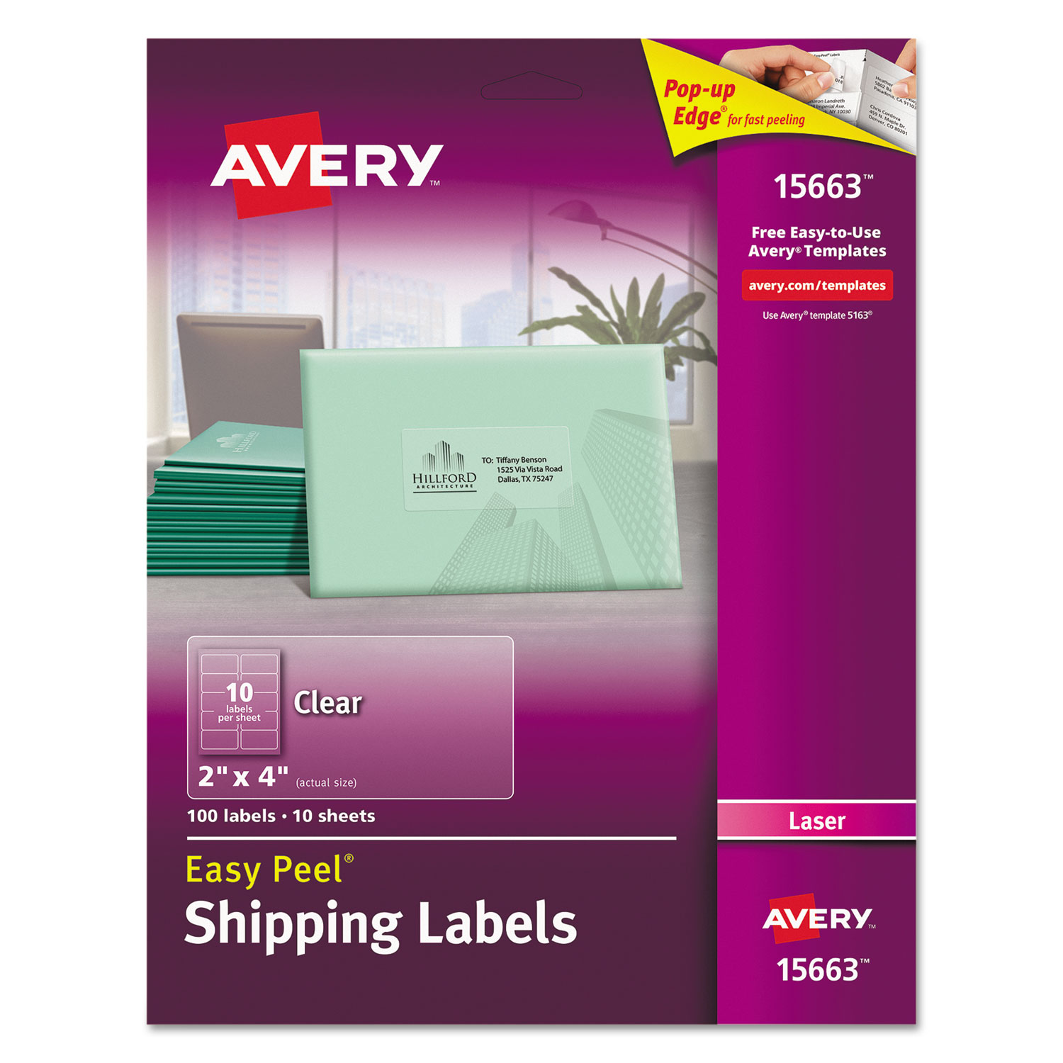  Avery 15663 Matte Clear Easy Peel Mailing Labels w/ Sure Feed Technology, Laser Printers, 2 x 4, Clear, 10/Sheet, 10 Sheets/Pack (AVE15663) 