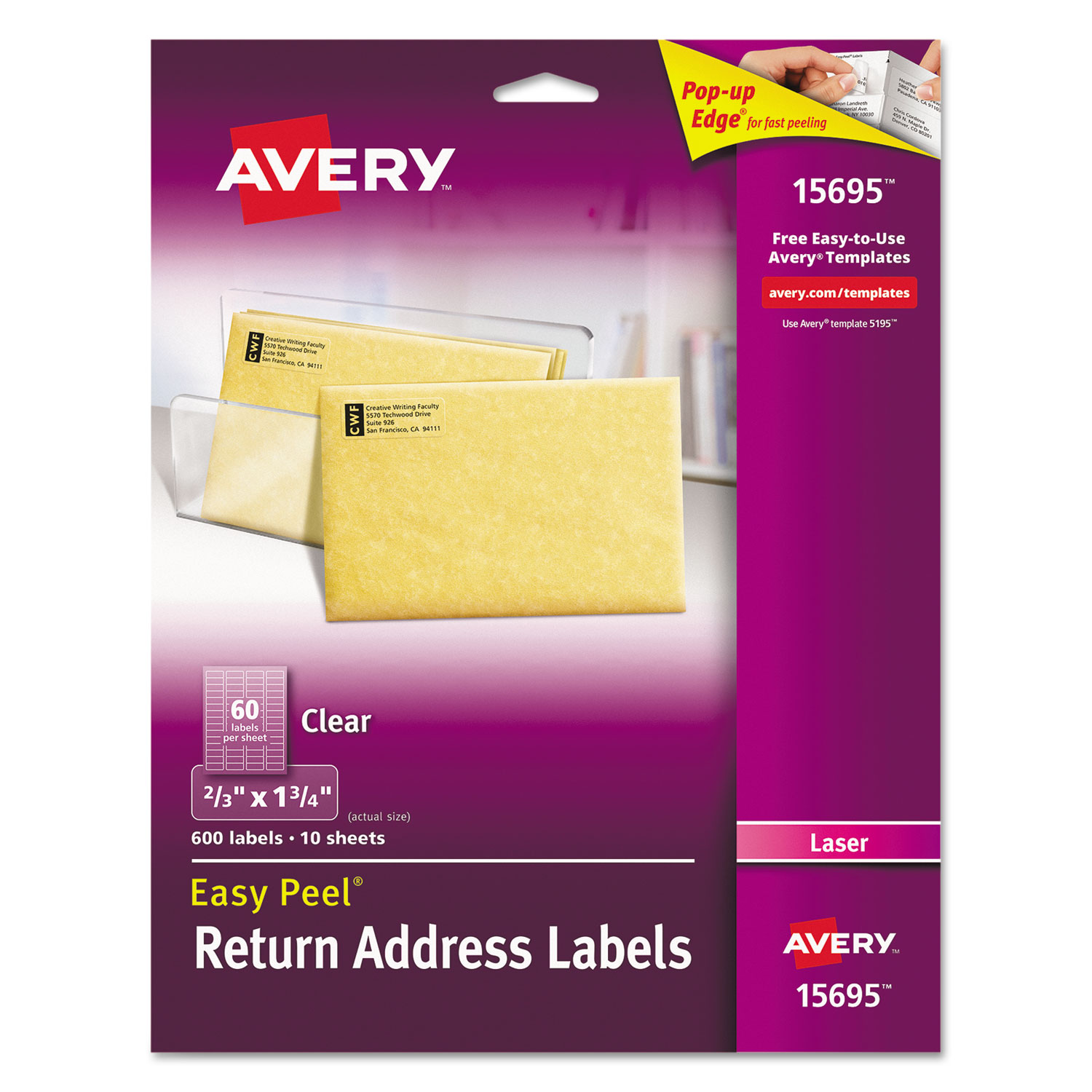  Avery 15695 Matte Clear Easy Peel Mailing Labels w/ Sure Feed Technology, Laser Printers, 0.66 x 1.75, Clear, 60/Sheet, 10 Sheets/Pack (AVE15695) 