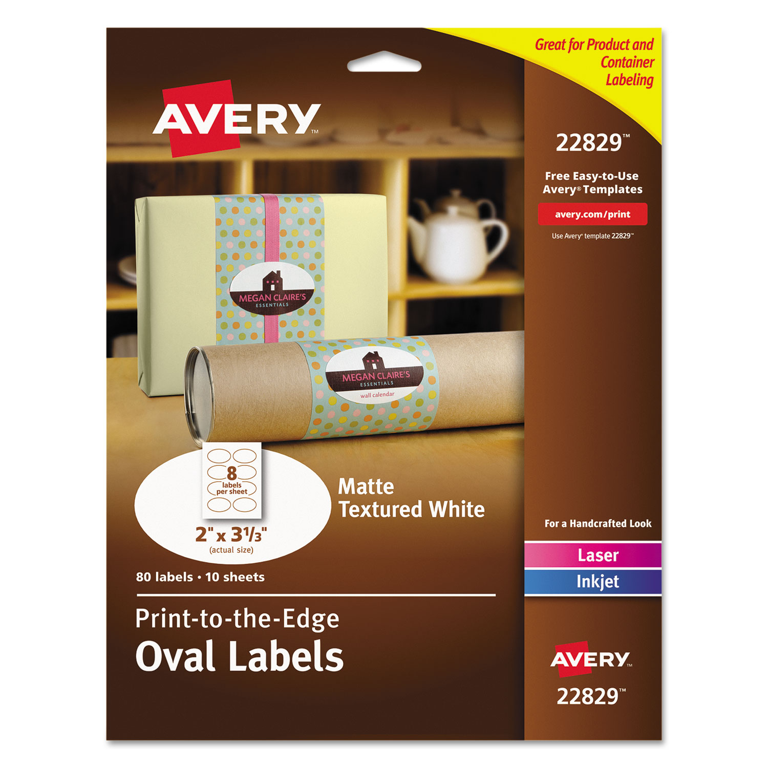  Avery 22829 Oval Print-to-the-Edge Labels, 2 x 3.33, White, 8/Sheet, 10 Sheets/Pack (AVE22829) 