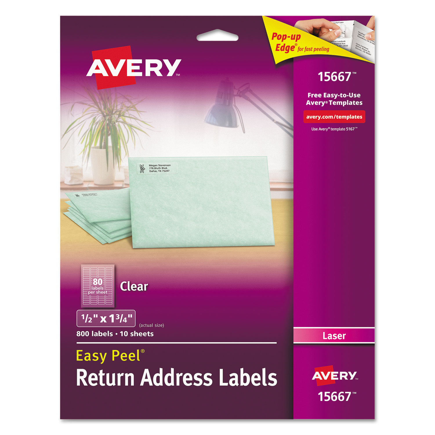  Avery 15667 Matte Clear Easy Peel Mailing Labels w/ Sure Feed Technology, Laser Printers, 0.5 x 1.75, Clear, 80/Sheet, 10 Sheets/Pack (AVE15667) 
