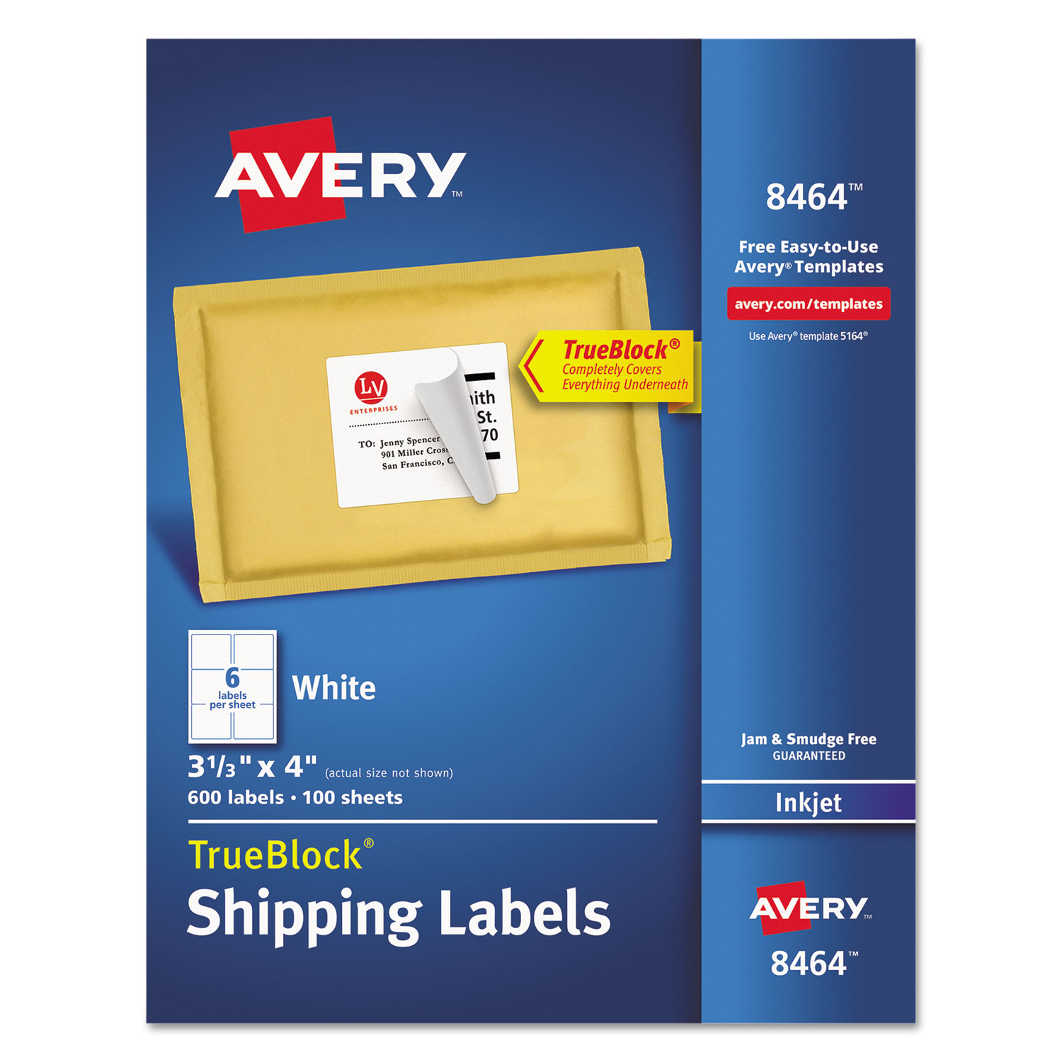  Avery 08464 Shipping Labels w/ TrueBlock Technology, Inkjet Printers, 3.33 x 4, White, 6/Sheet, 100 Sheets/Box (AVE8464) 