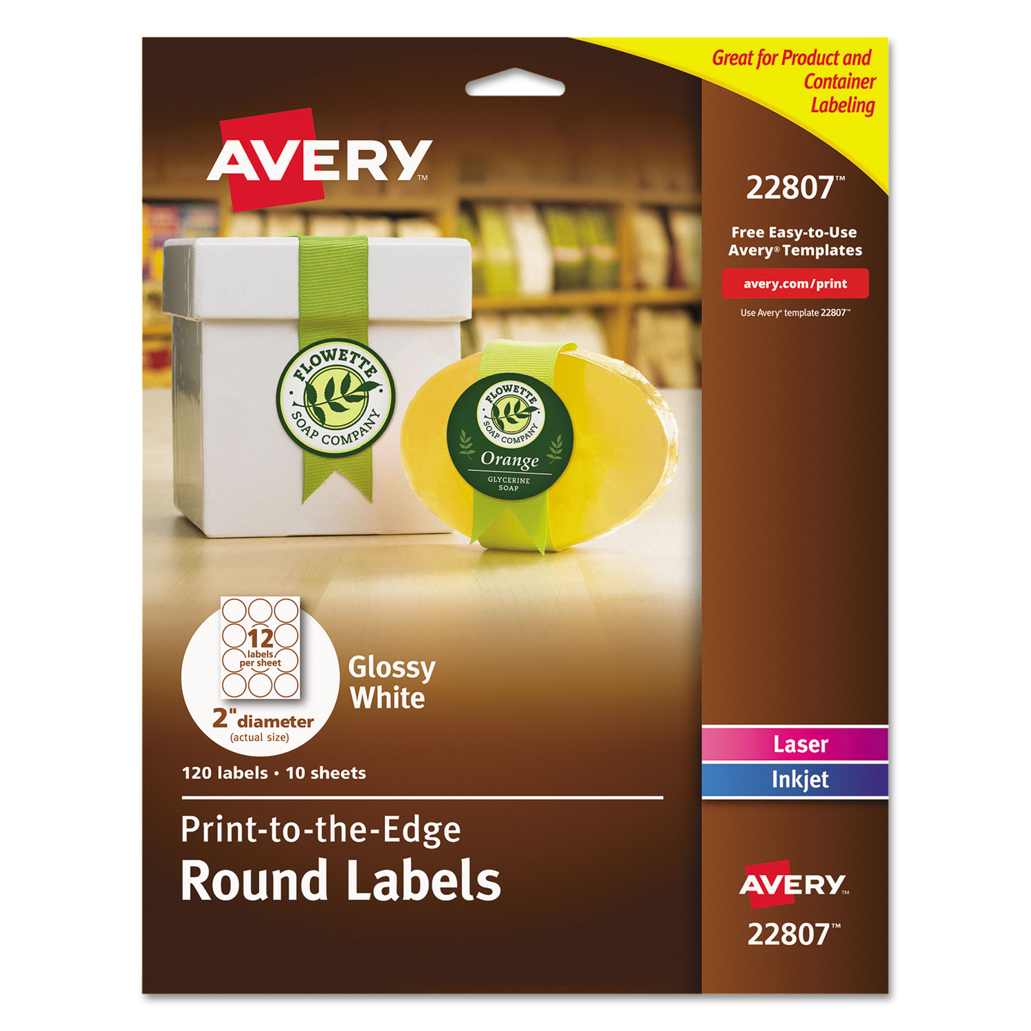  Avery 22807 Print-to-the Edge Labels w/ Sure Feed & Easy Peel, 2 dia, Glossy White, 120/PK (AVE22807) 