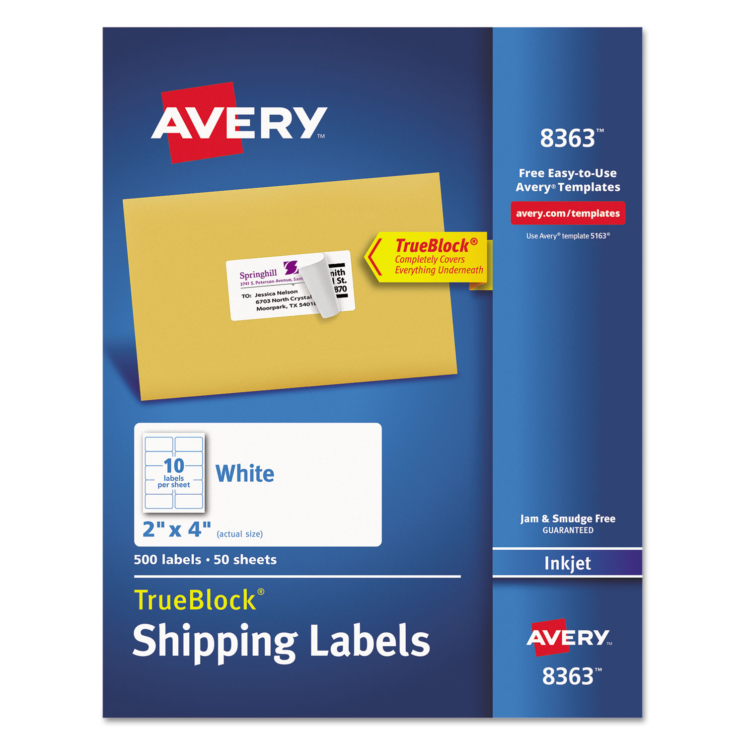 Avery 08363 Shipping Labels w/ TrueBlock Technology, Inkjet Printers, 2 x 4, White, 10/Sheet, 50 Sheets/Box (AVE8363) 