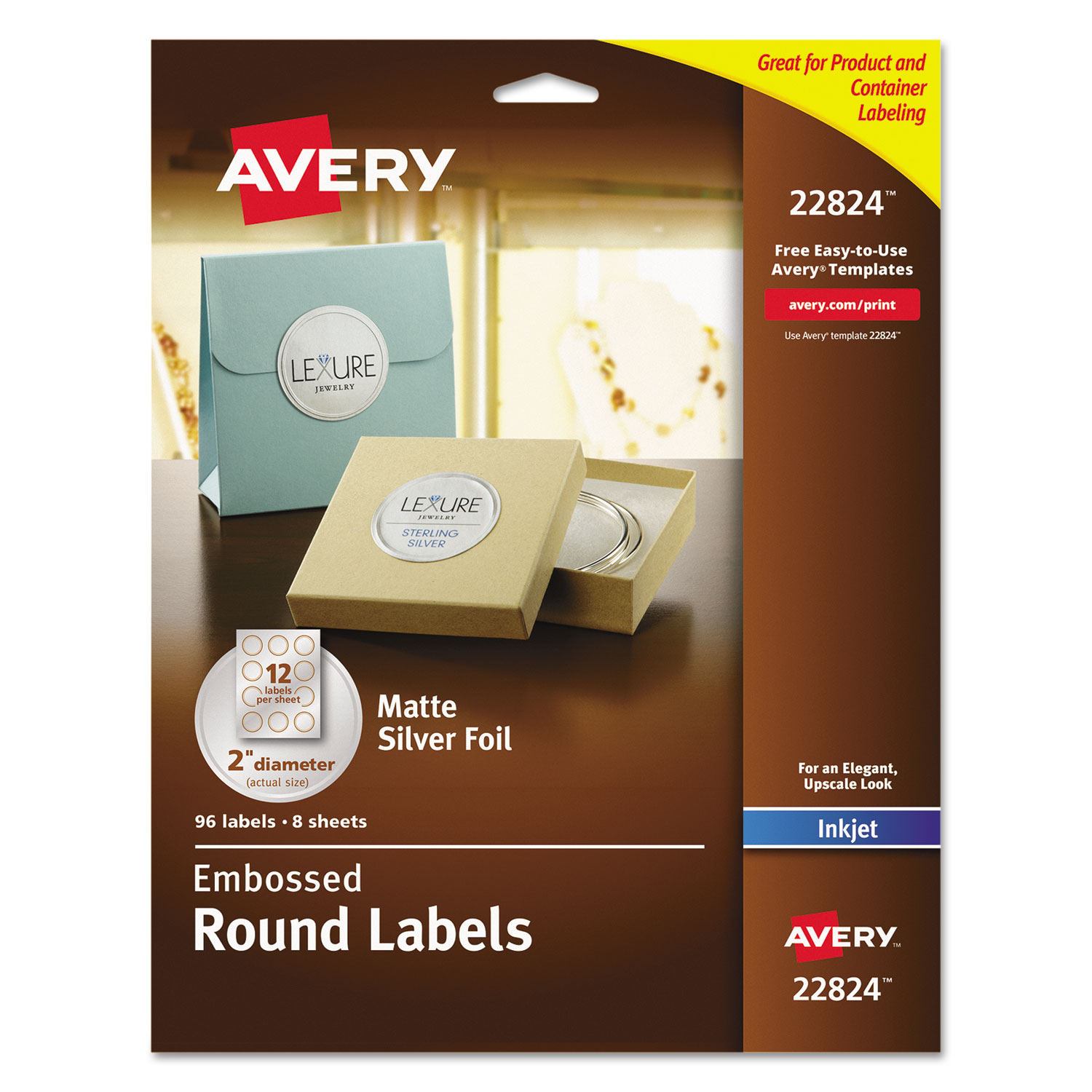  Avery 22824 Round Labels, Inkjet Printers, 2 dia., Silver, 12/Sheet, 8 Sheets/Pack (AVE22824) 