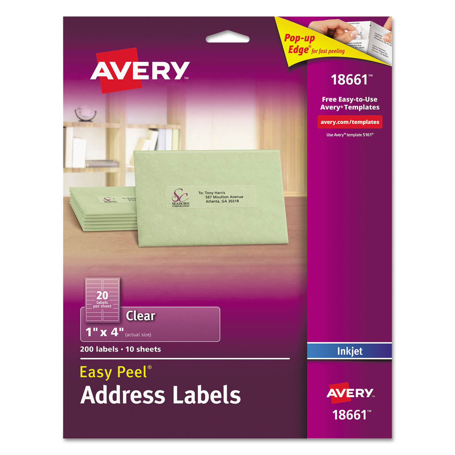  Avery 18661 Matte Clear Easy Peel Mailing Labels w/ Sure Feed Technology, Inkjet Printers, 1 x 4, Clear, 20/Sheet, 10 Sheets/Pack (AVE18661) 