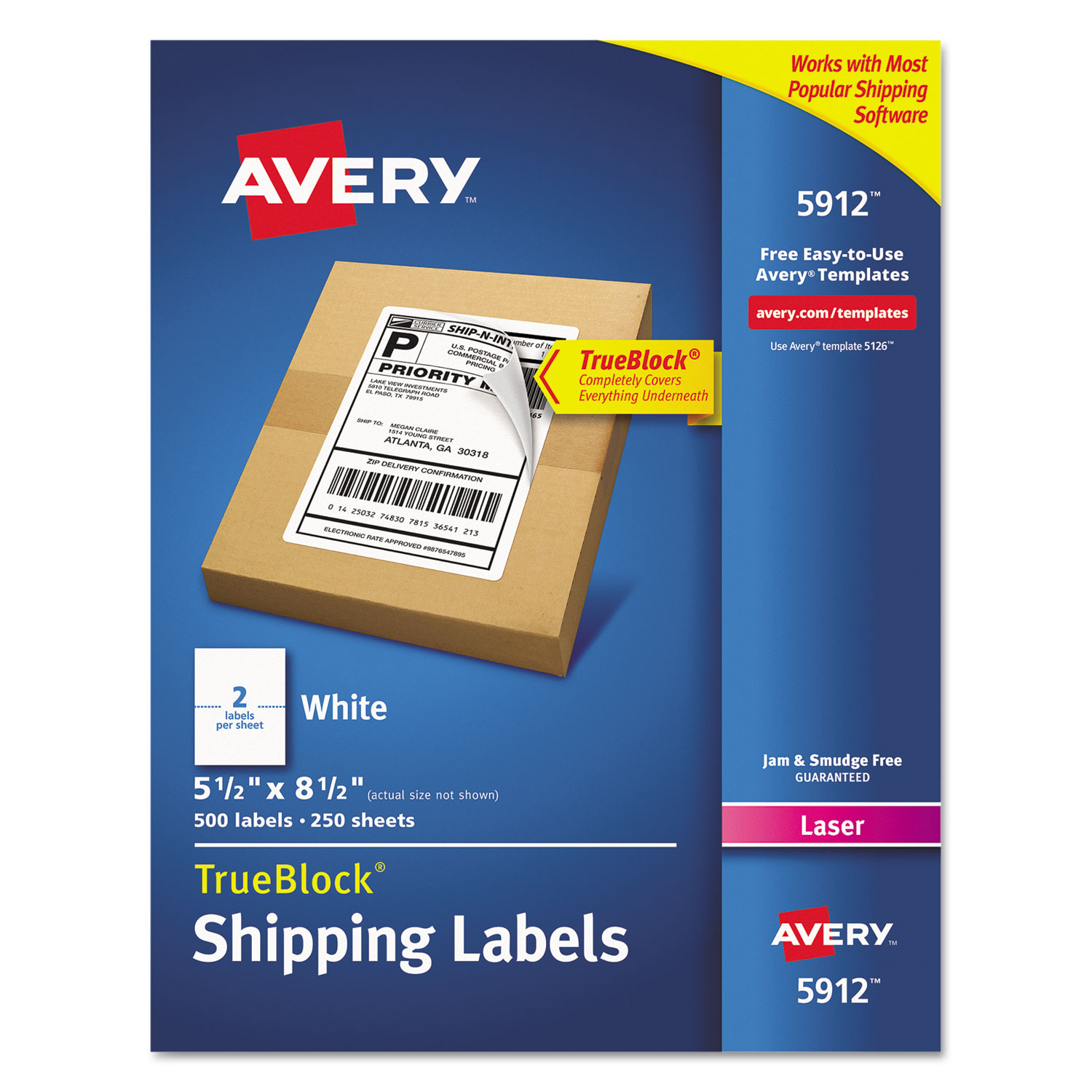  Avery 05912 Shipping Labels w/ TrueBlock Technology, Laser Printers, 5.5 x 8.5, White, 2/Sheet, 250 Sheets/Box (AVE5912) 