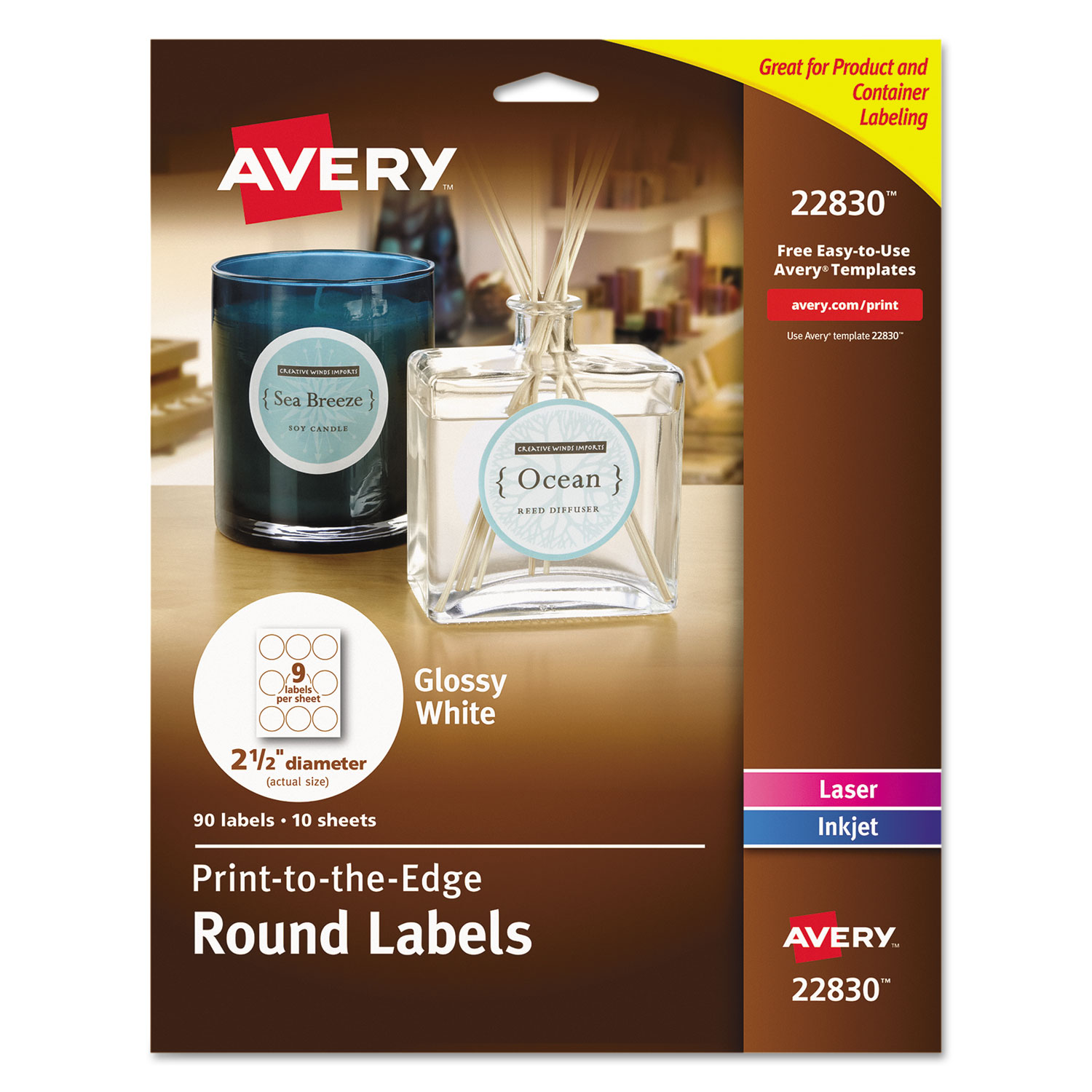  Avery 22830 Print-to-the Edge Labels w/ SureFeed & EasyPeel, 2 1/2 dia, Glossy White, 90/PK (AVE22830) 