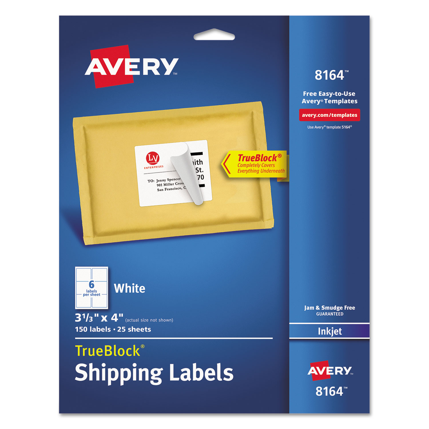  Avery 08164 Shipping Labels w/ TrueBlock Technology, Inkjet Printers, 3.33 x 4, White, 6/Sheet, 25 Sheets/Pack (AVE8164) 