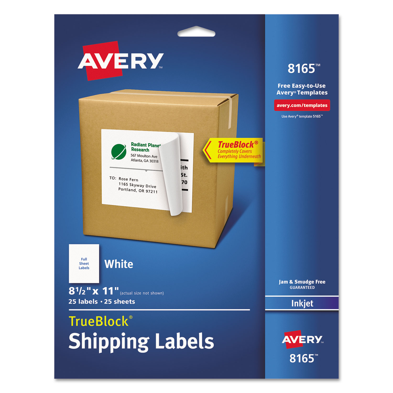  Avery 08165 Shipping Labels with TrueBlock Technology, Inkjet Printers, 8.5 x 11, White, 25/Pack (AVE8165) 